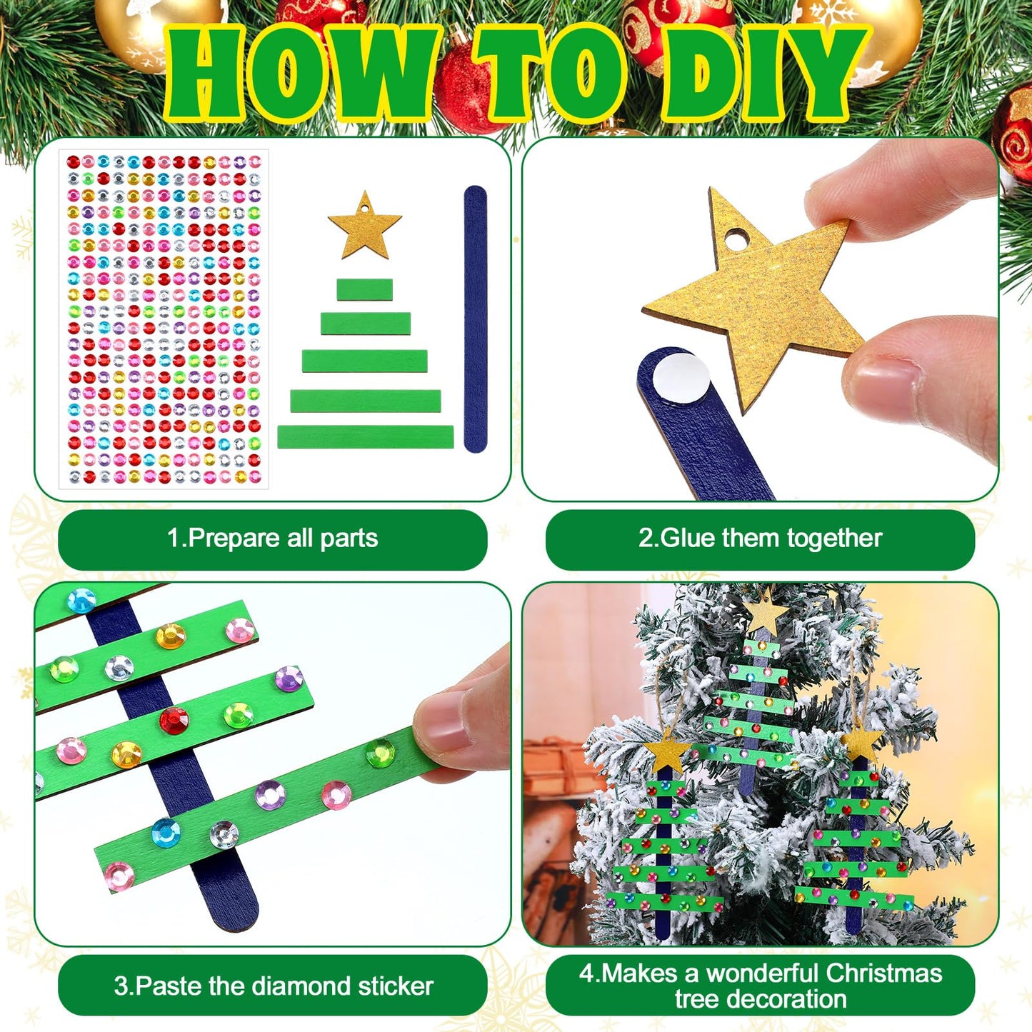 Colingmill 24 Pack Christmas Tree Stick Craft Kit Wooden Christmas Ornament Xmas Tree Arts and Craft Winter Ornaments for Xmas DIY Classroom Home Activities