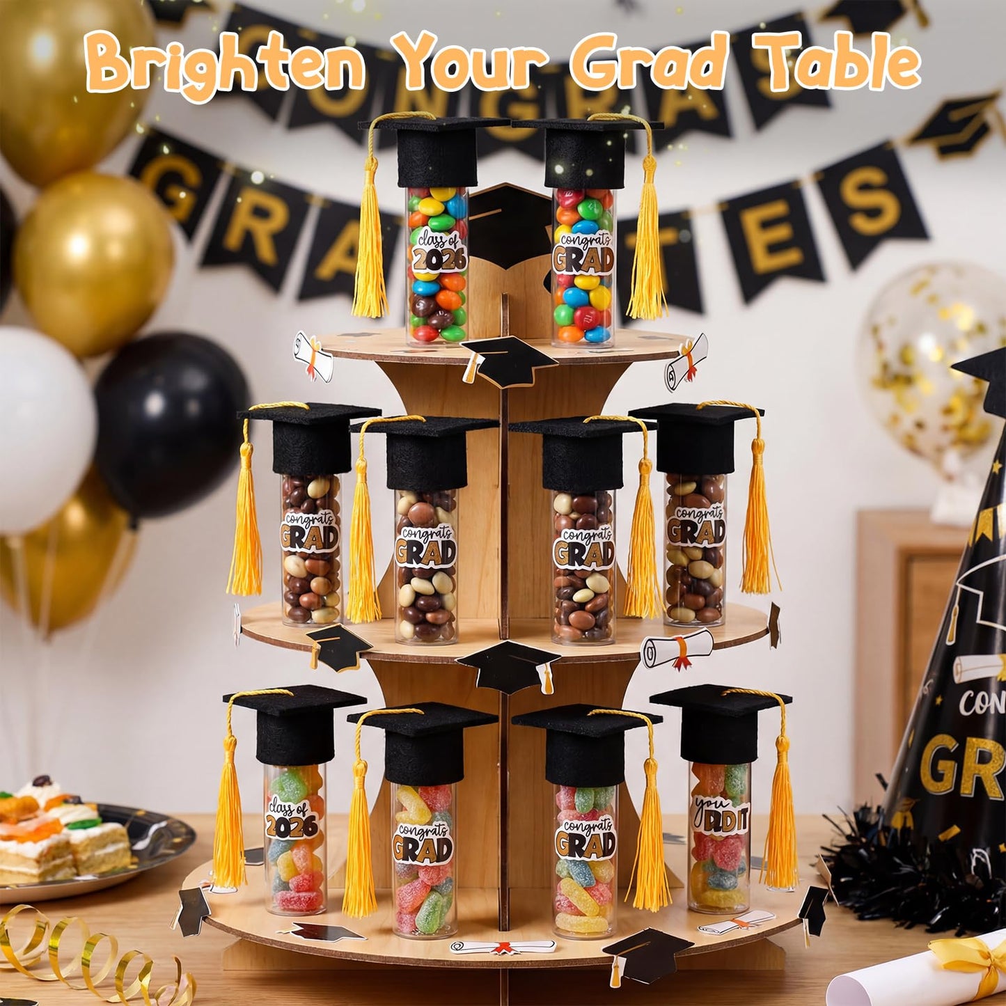 LemonRoad 60 Set 2026 Graduation Candy Tubes Graduation Party Favors Candy Container with Lid Glass Bottles Gold Mini Graduate Caps Decorative Stickers for DIY Class Celebration Table Gift Supplies