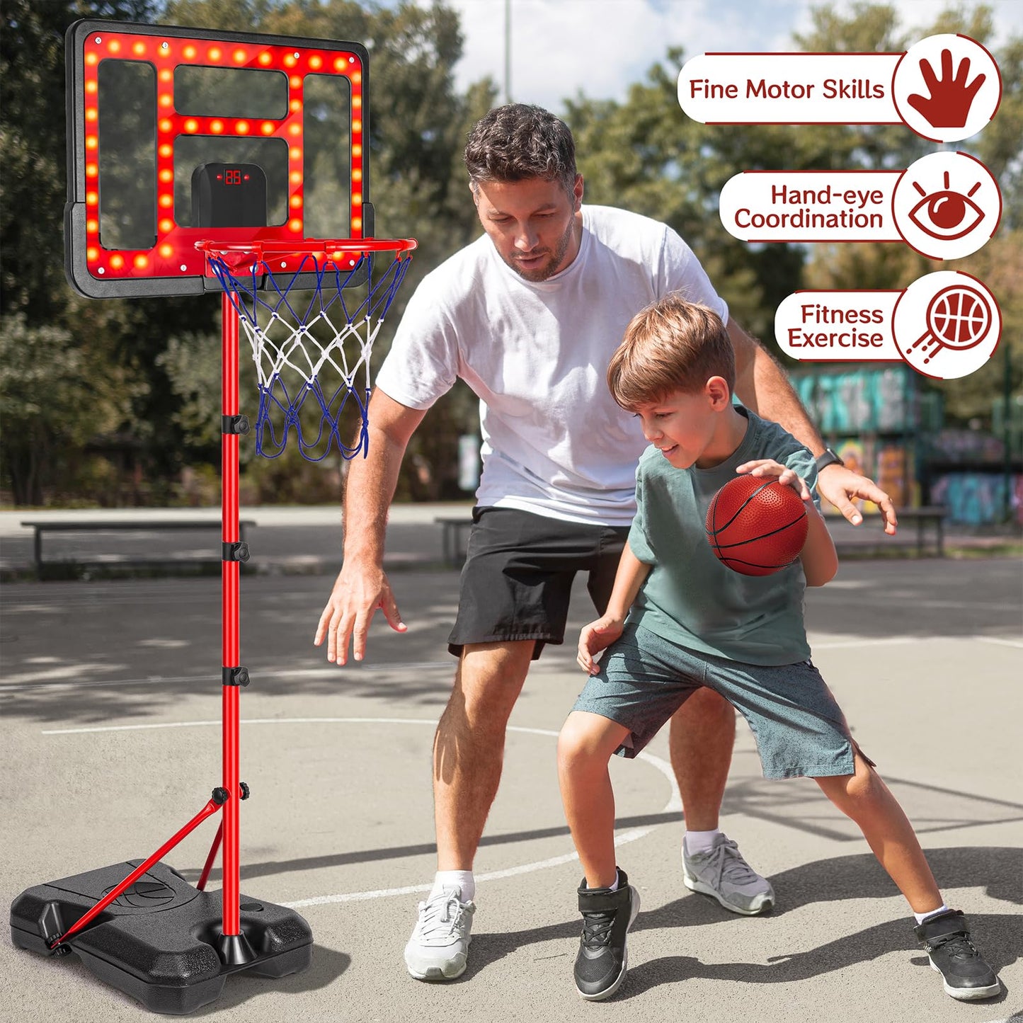 Kids Basketball Hoop Adjustable Height 3.5FT-6.2FT, Indoor & Outdoor Toddler Basketball Hoop with Scoreboard & LED, Boys Basketball Toy for 3 4 5 6 7 8 Years Gift, Portable Basketball Goals Sport Game
