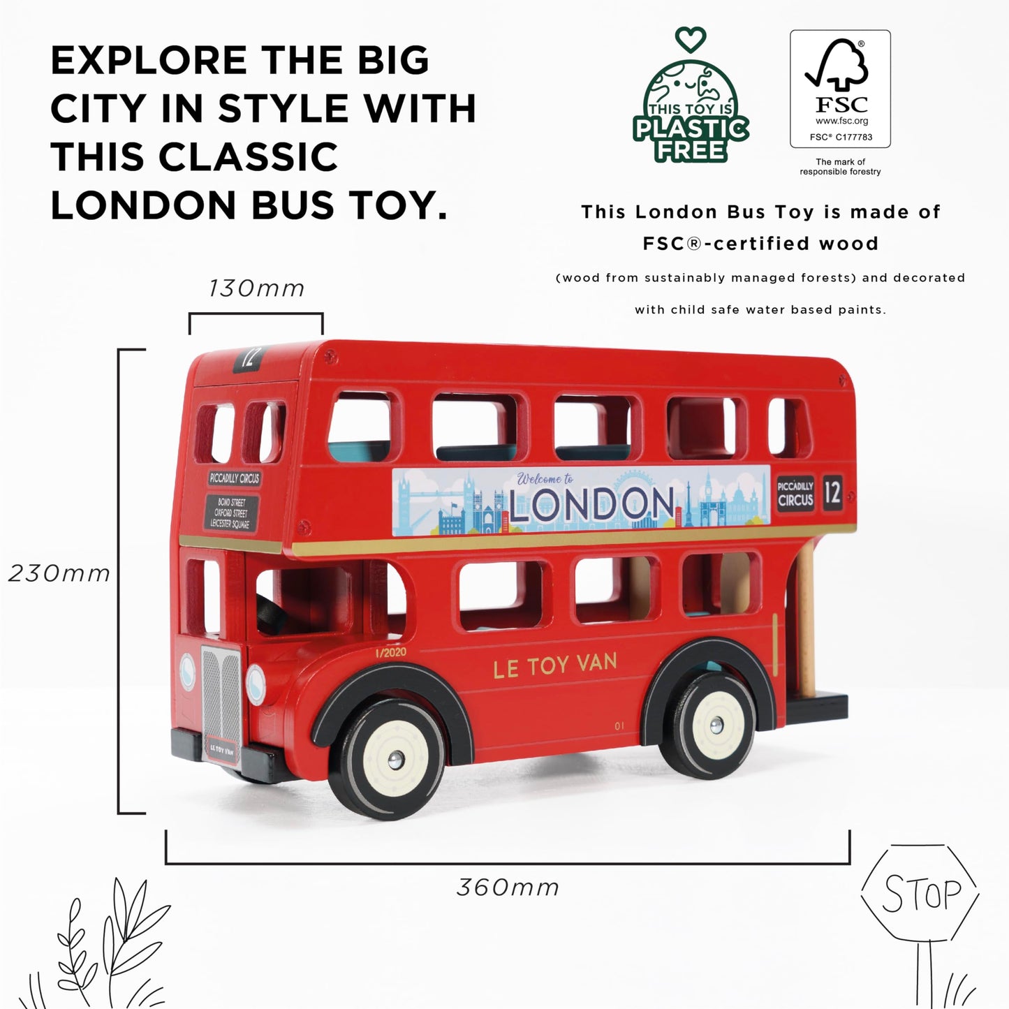 Le Toy Van - Cars & Construction - London Double Decker Bus - Wooden Bus - Role Play Toy - Suitable for Girls & Boys Age 3+, Red