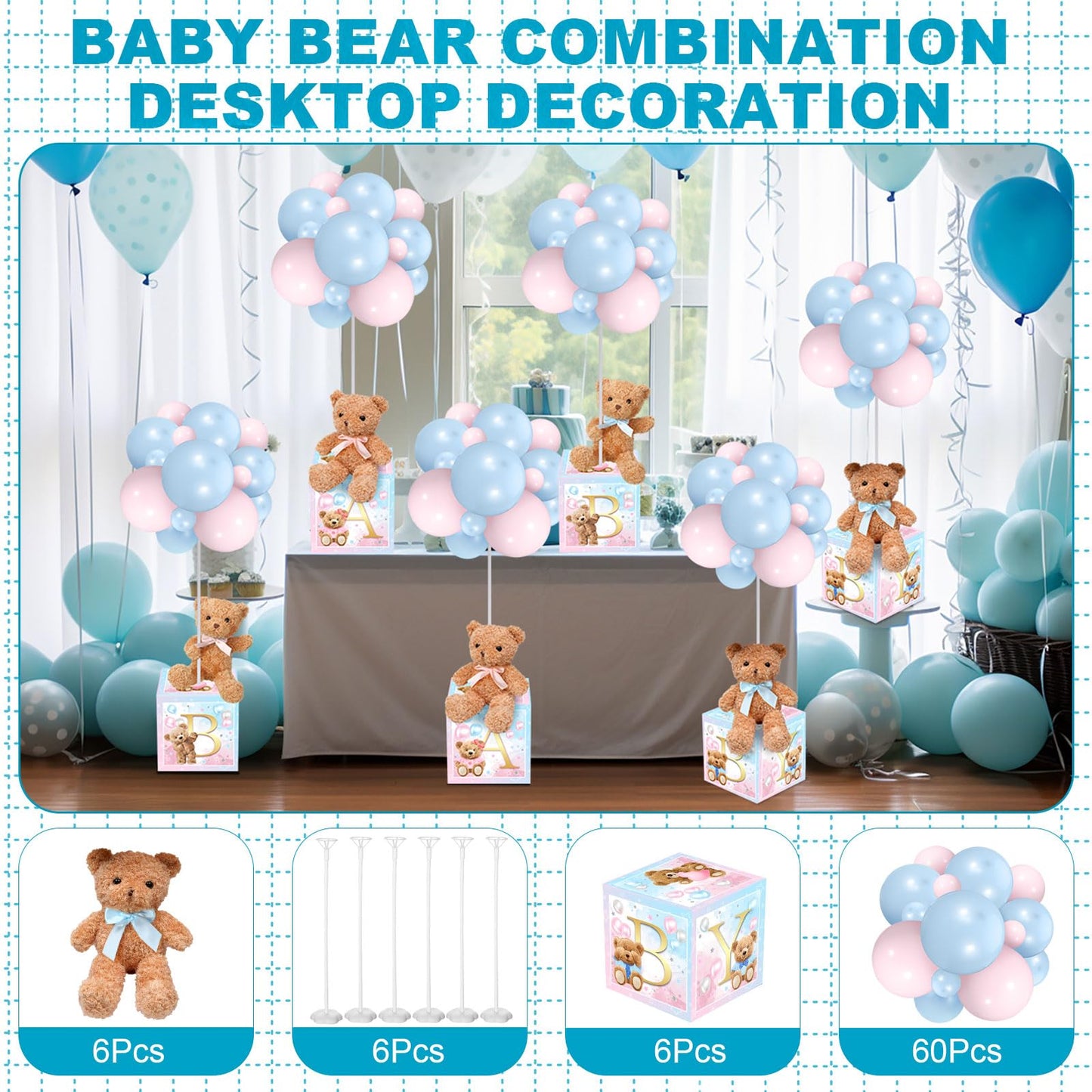 Lenwen - Set of 6 Blue Pink Bear Baby Shower Decorations for Gender Reveal Letter Boxes Baby Shower Table Centerpieces Stuffed Animal Balloons with Stand, Boxes