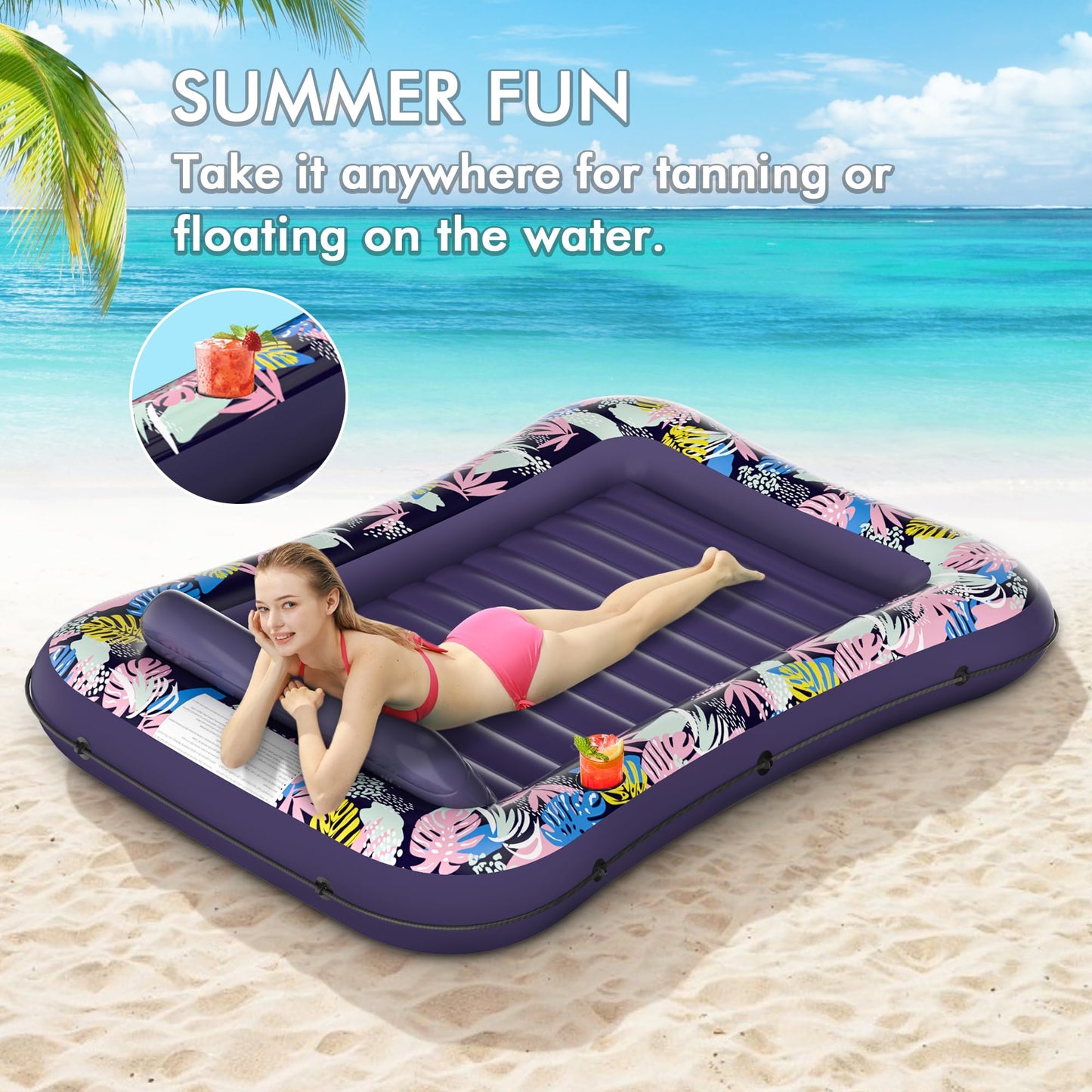 Tanning Pool Floaties for Adults, OKSUWATER Inflatable Tanning Pool Lounge Float with Removable Headrest & Drink Holder, Blow-Up Bed Sun Tan Tub for River & Lake Suntan Swimming Mattress（Purple-L）