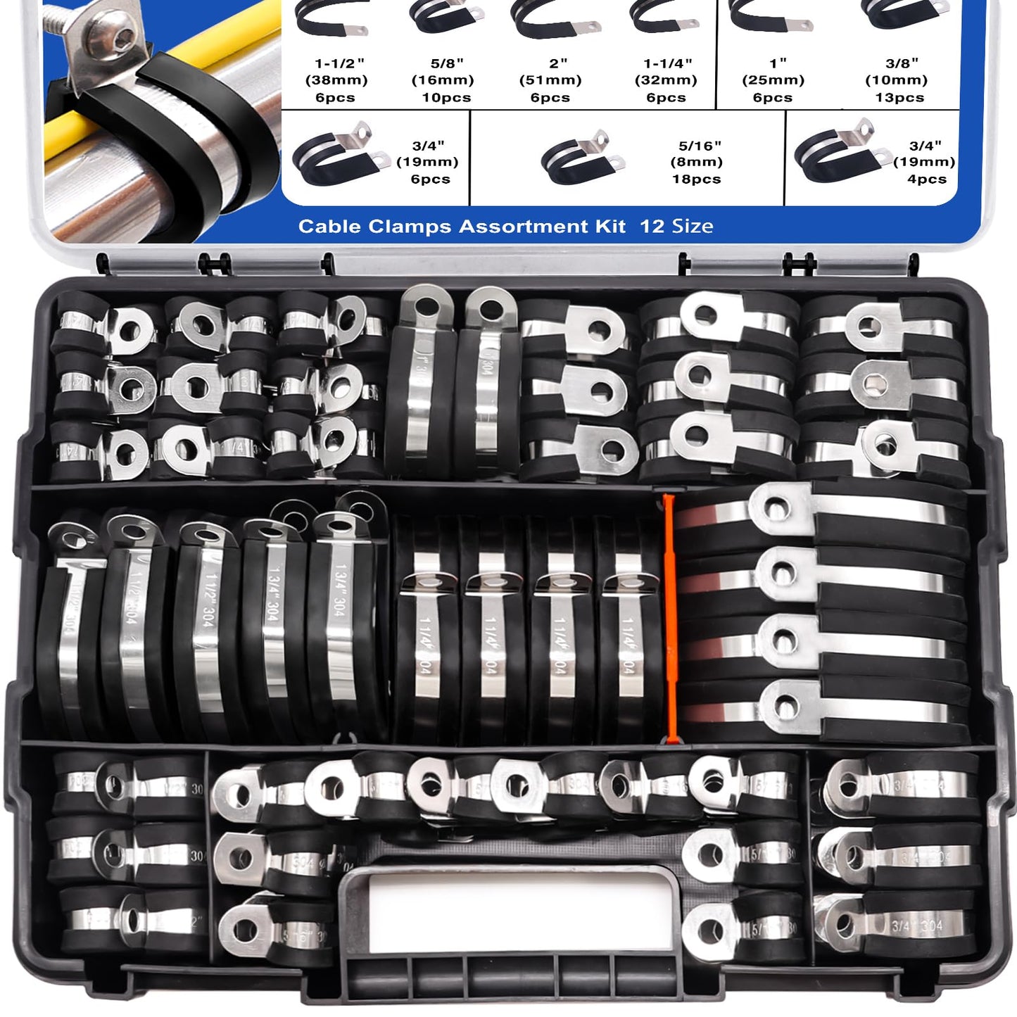 Taiss 125PCS Cable Clamps 304 Stainless Steel Rubber Cushion Pipe Clamps Assortment Kit,12 Sizes 3/16" 1/4" 5/16" 3/8" 1/2" 5/8" 3/4" 1" 1-1/4" 1-1/2" 1-3/4" 2" Wire Clamps With Portable Handheld Box