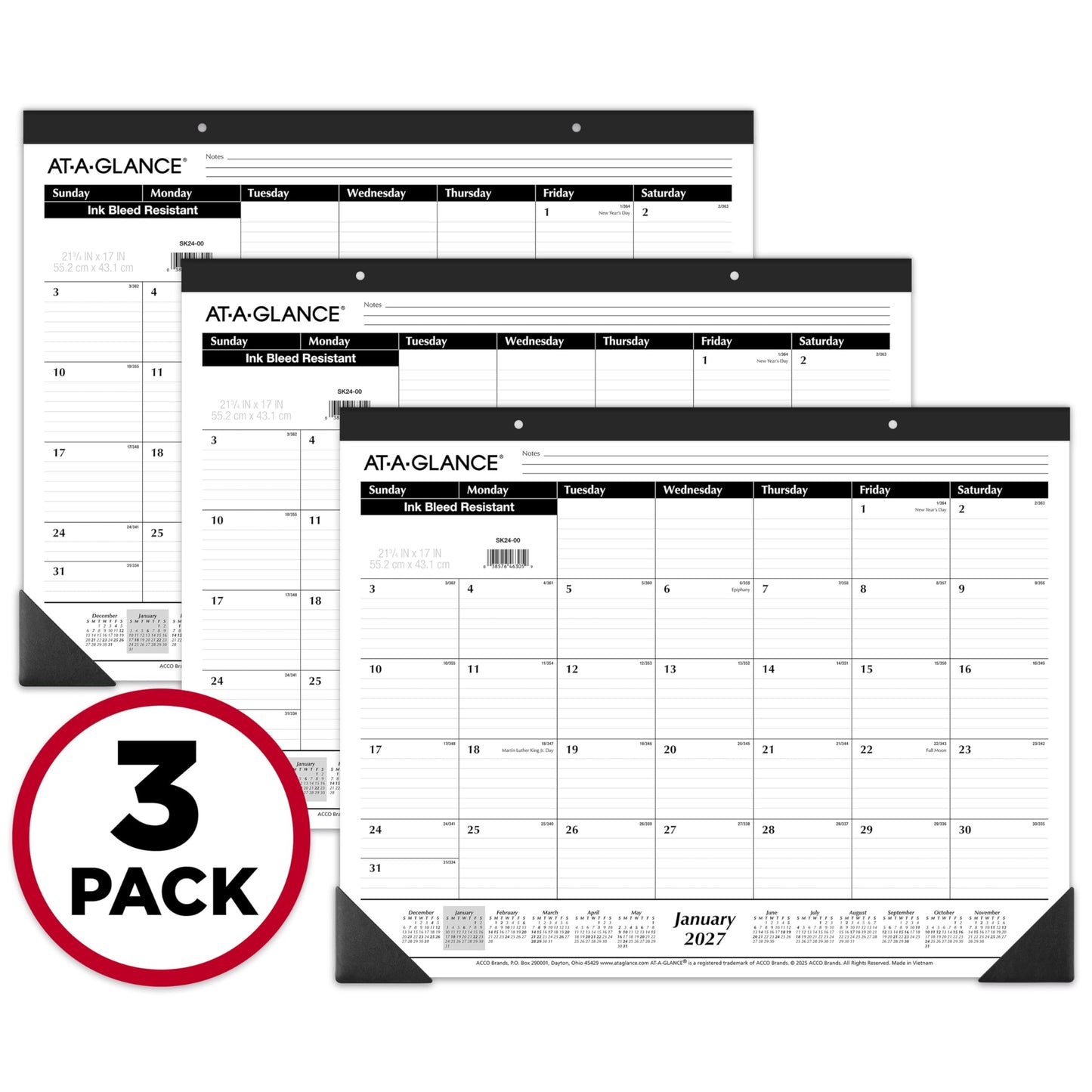 AT-A-GLANCE 2027 Desk Pad Calendar, Monthly Desk Wall Planner, 21.75" x 17", Ruled Blocks, 3 Pack (AZSK240027)