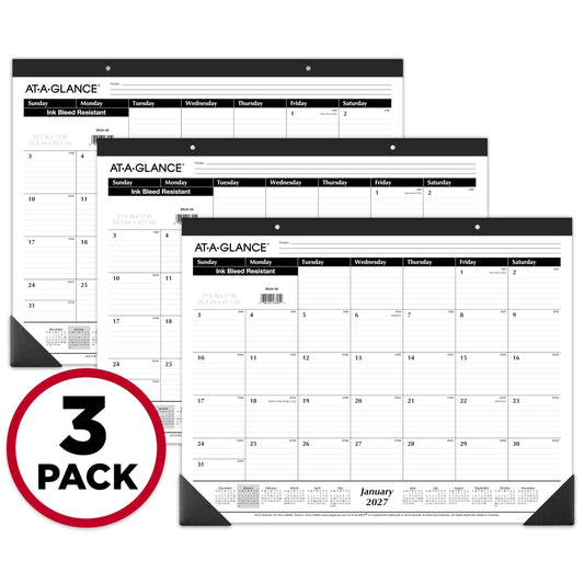 AT-A-GLANCE 2027 Desk Pad Calendar, Monthly Desk Wall Planner, 21.75" x 17", Ruled Blocks, 3 Pack (AZSK240027)