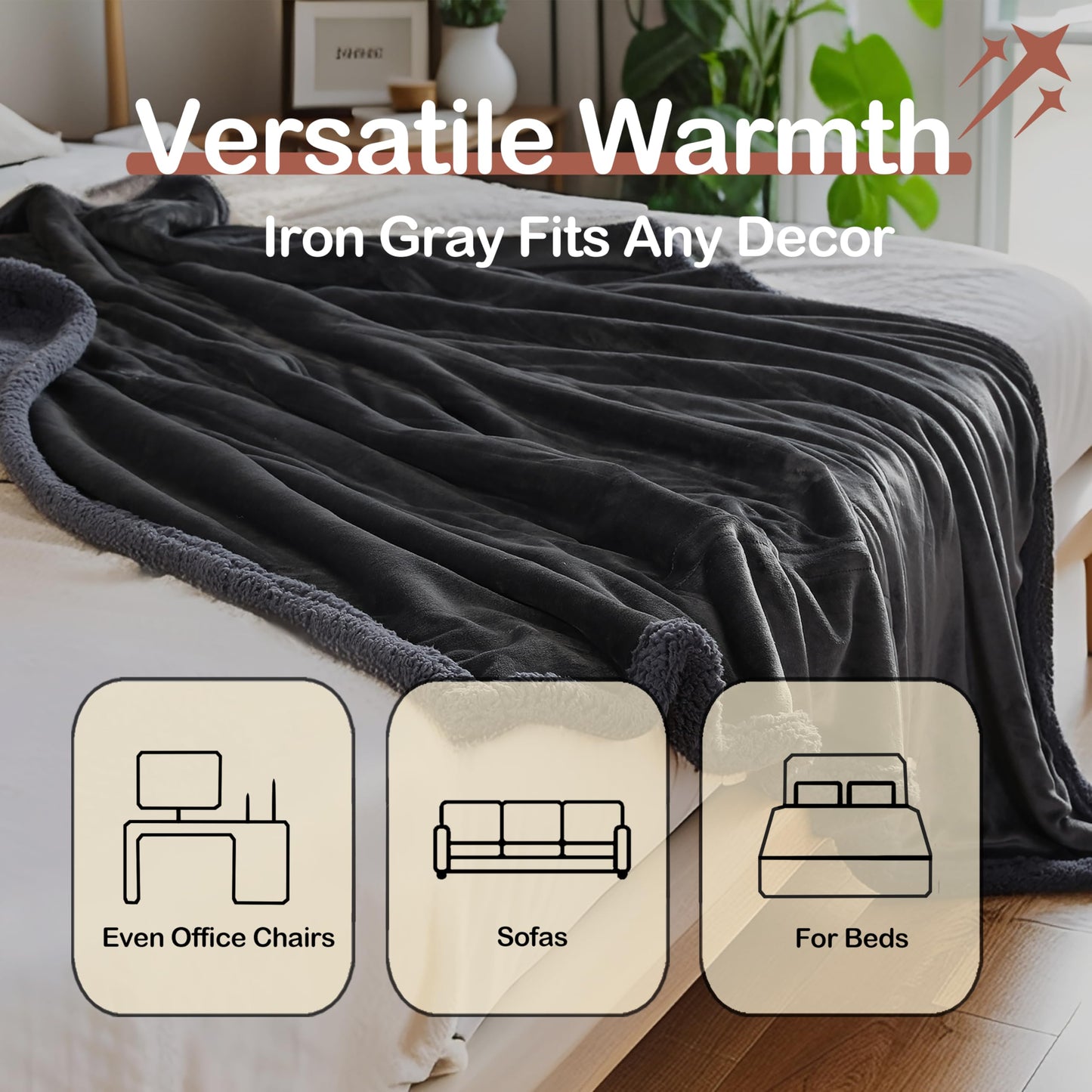 TICOO Electric Heated Blanket Full 72"x84" - 5 Heat & 10H Auto-Off, Microplush Flannel & Sherpa, Same Color Both Sides, Machine Washable, Overheat Protection, Gifts for Home/Bedroom/Sofa, Dark Gray