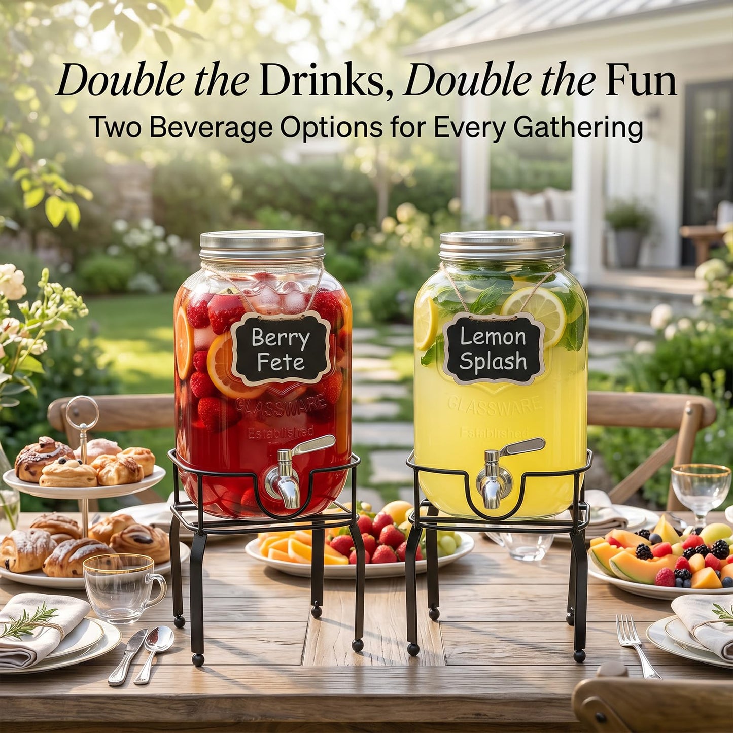 RuileMei 2 Pack1 Gallon Glass Drink Dispensers For Parties,Beverage Dispenser with Stand,304 Stainless Steel Spigot Leakproof,Lemonade Dispenser for Sun Tea, Homemade Juice