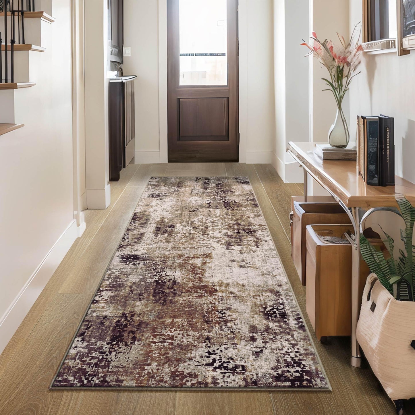 Runner Rug for Kitchen Coffee Hallways Runner Rug Non Slip 2'6''x8' Washable Brown Long Runner Rugs with Rubber Backing Soft Abstract Carpet Runner for Entryway, Kitchen, Bedroom, Bathroom