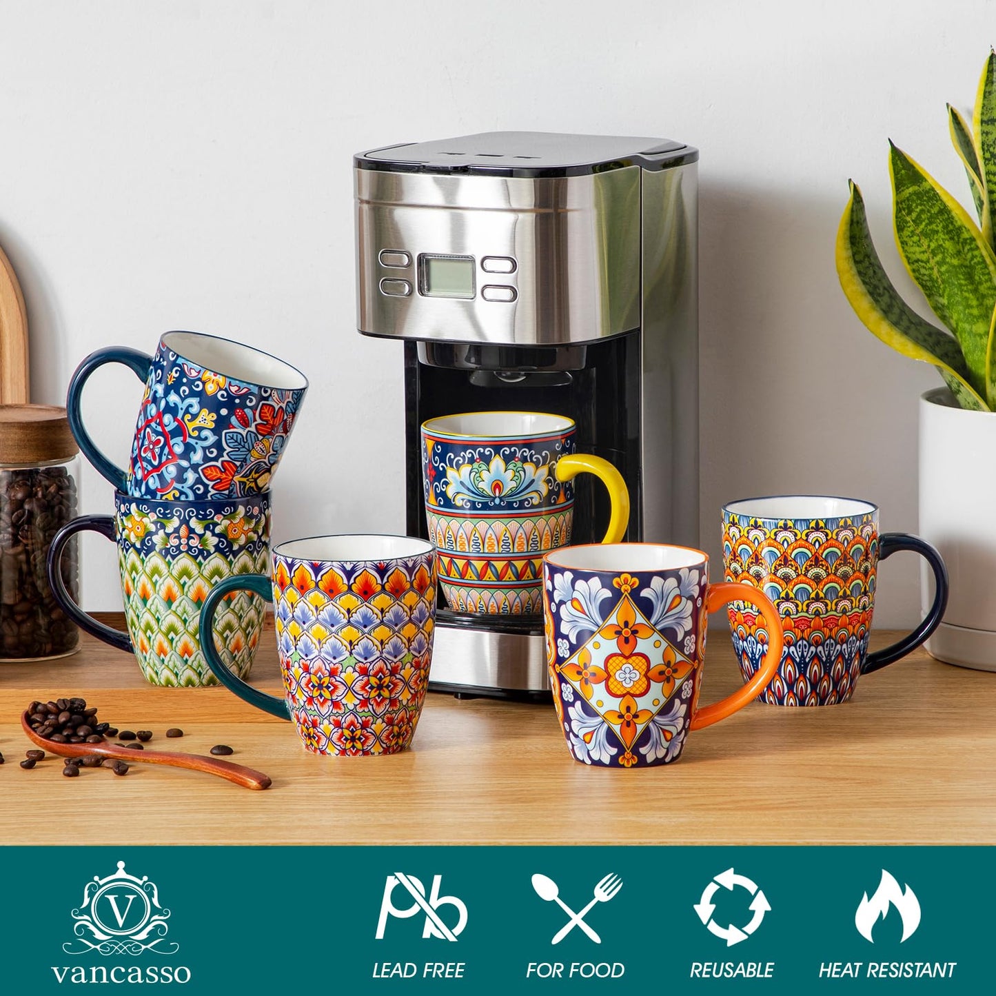 vancasso SIMI 16 oz Large Coffee Mugs Set of 6 – Bohemian Ceramic Cups with Handle, Perfect for Latte, Tea, Hot Chocolate, Dishwasher & Microwave Safe Ideal Gift