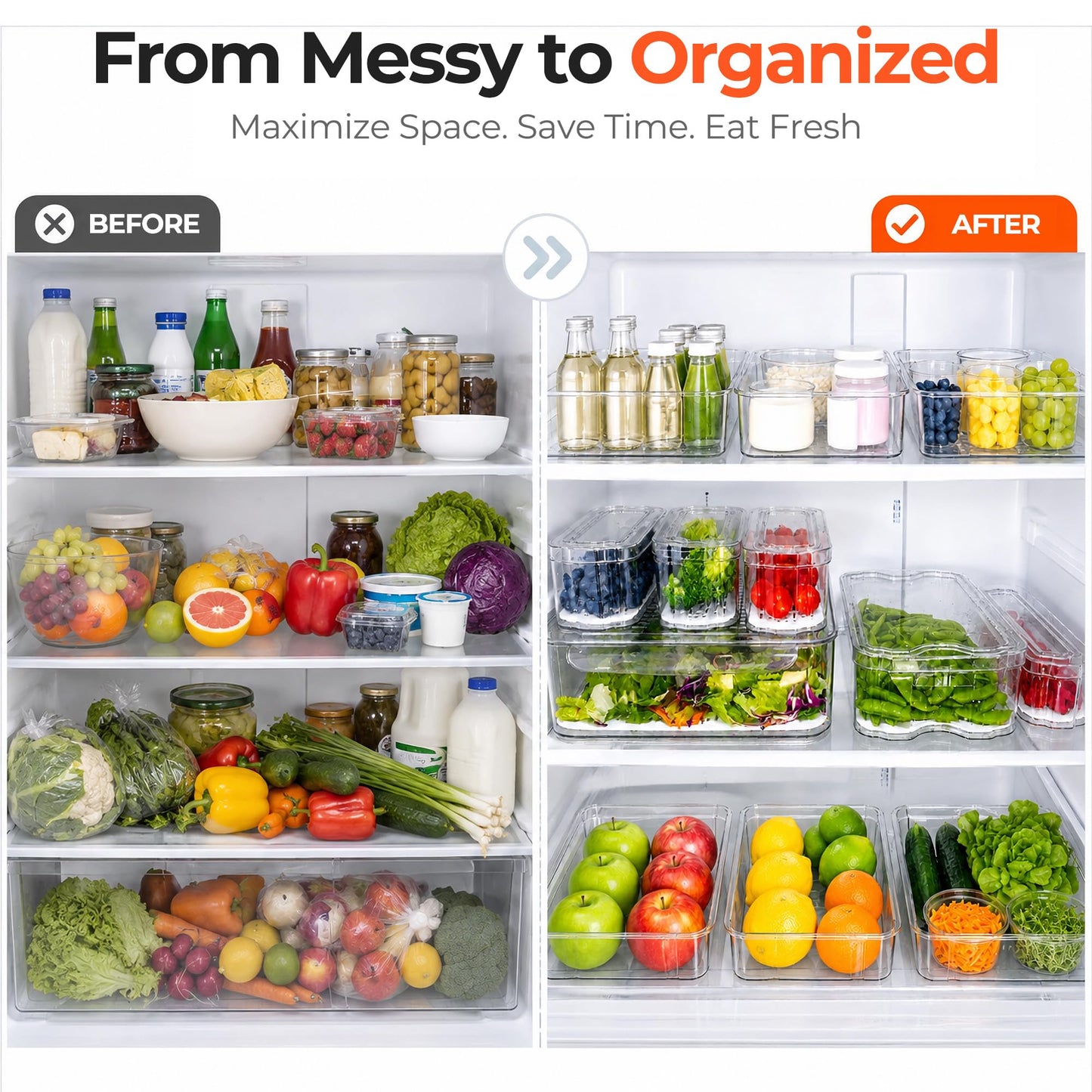 SMRCAD Fridge Organizers and Storage, 8 Pack Clear Freezer Organizer Bins with Lids for Kitchen, Pantry, Refrigerator, Food, Fruit, Vegetable Storage (8 Bins (Include Pull-out Drawer))