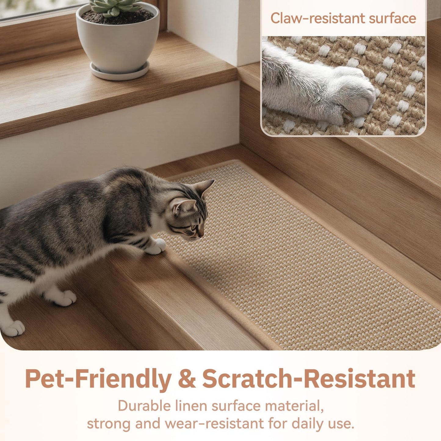 15PC Jute Stair Treads for Wooden Steps-Stairs Carpet Non Slip-Peel and Stick Stair Treads Indoor, Adhesive Staircase Step Treads Residue Free, Durable Natural Stair Runner Rug,8"x30" Beige