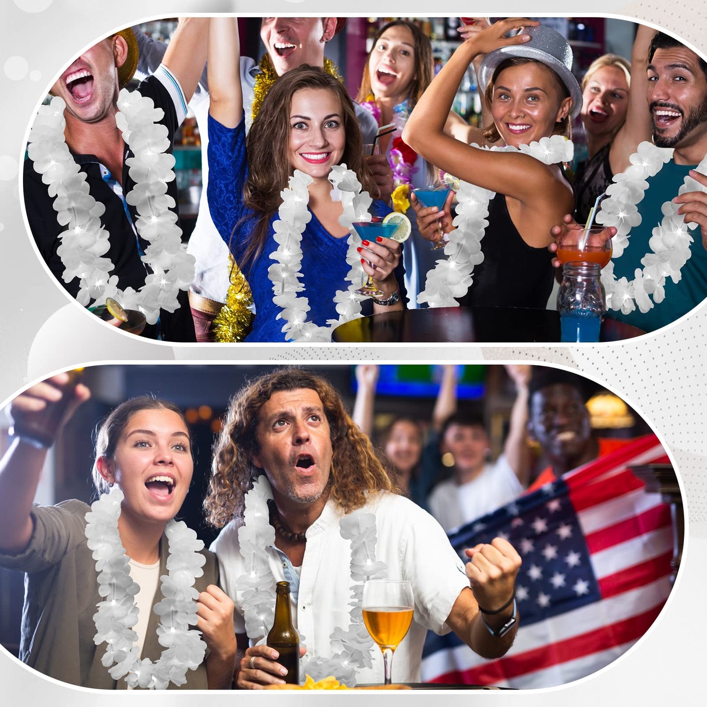 Sherr 48 Pcs LED Hawaiian Leis Light up Flower Leis Necklace with LED Lights Luau Flowers Necklaces for Masquerade Beach Wedding Tropical Themed Party Supplies(White)