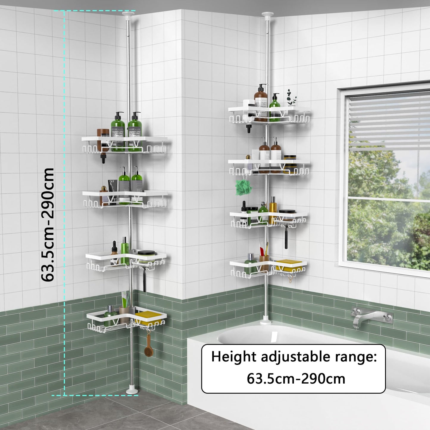 KEGII Corner Shower Caddy Tension Pole - 4-Tier Rustproof Bathroom Organizer, Floor to Ceiling Shower Caddy 25-114.2 inch, No Drilling Shower Storage Rack for Shampoo, Towels (Matte White)
