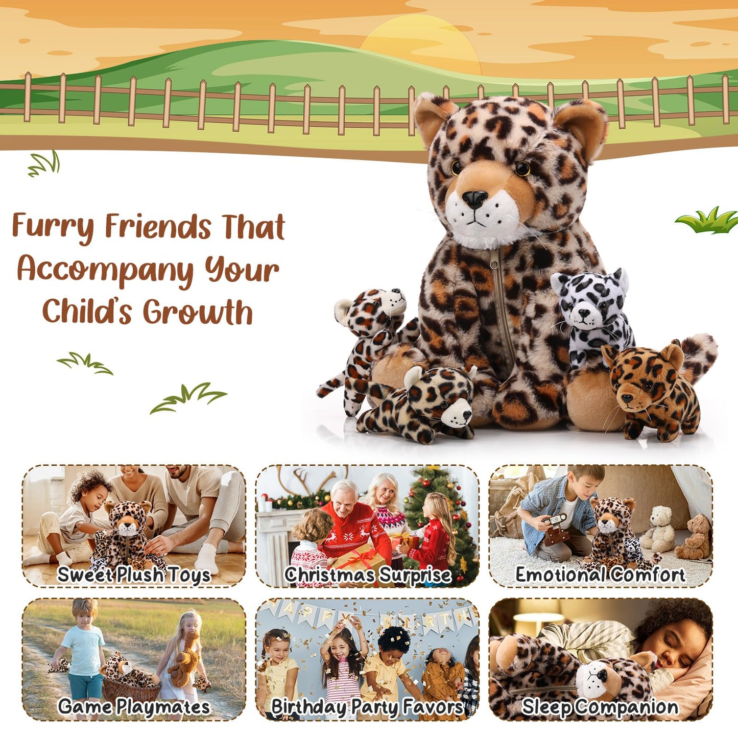 Silipull 5 Pcs Cheetah Stuffed Animals for Kids Large Mommy Cheetah Plush with 4 Baby Leopard Plush Toys in Tummy for Girls Boys Birthday Forest Party Decors(Sitting Style)