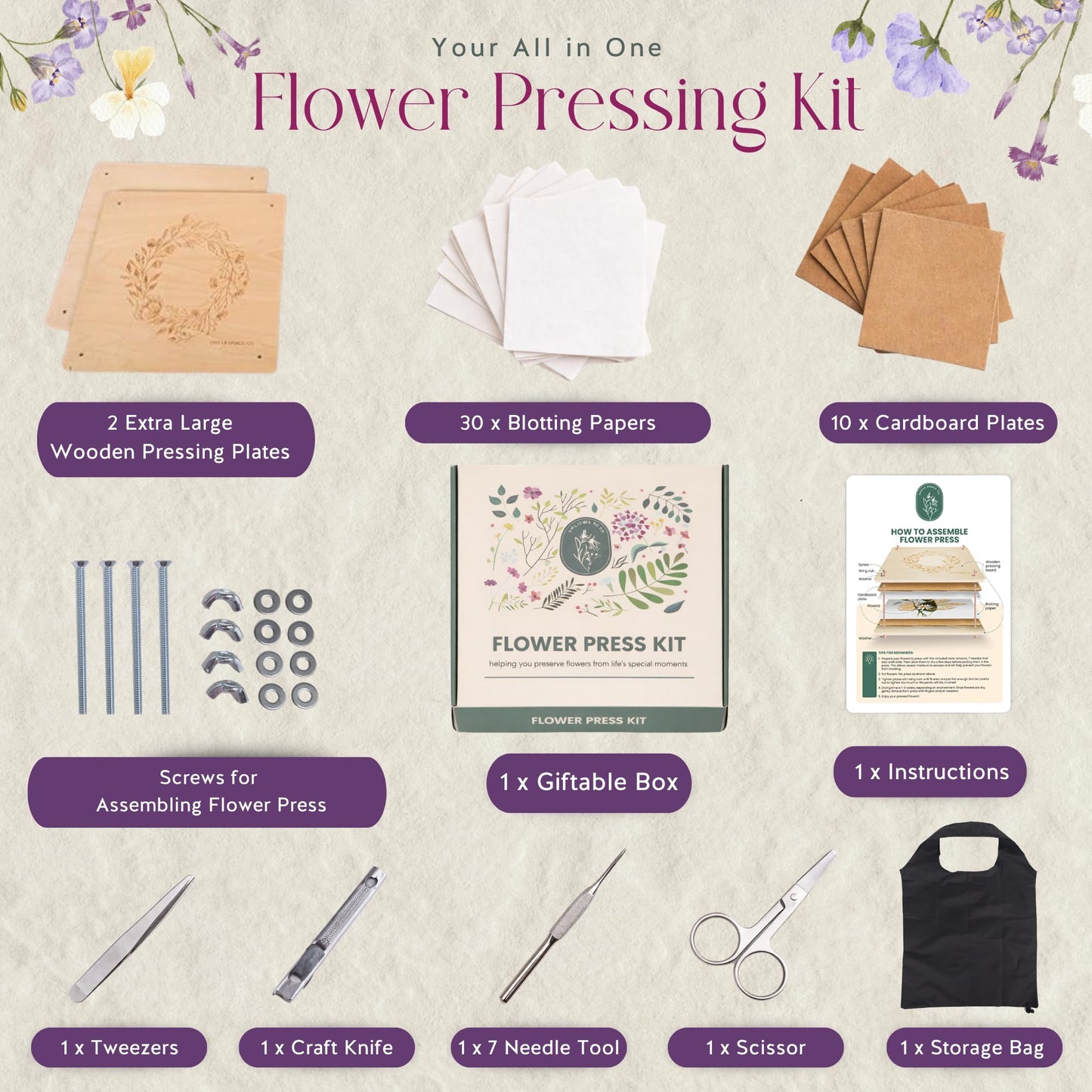 Extra Large Flower Press Kit | 11"x11" 10 Layers | Premium Wooden Pressing Boards, Tools, & Storage Bag | DIY Pressed Flower Plant Preservation Kit | Great Gift | Crafting Kits for Adults & Kids
