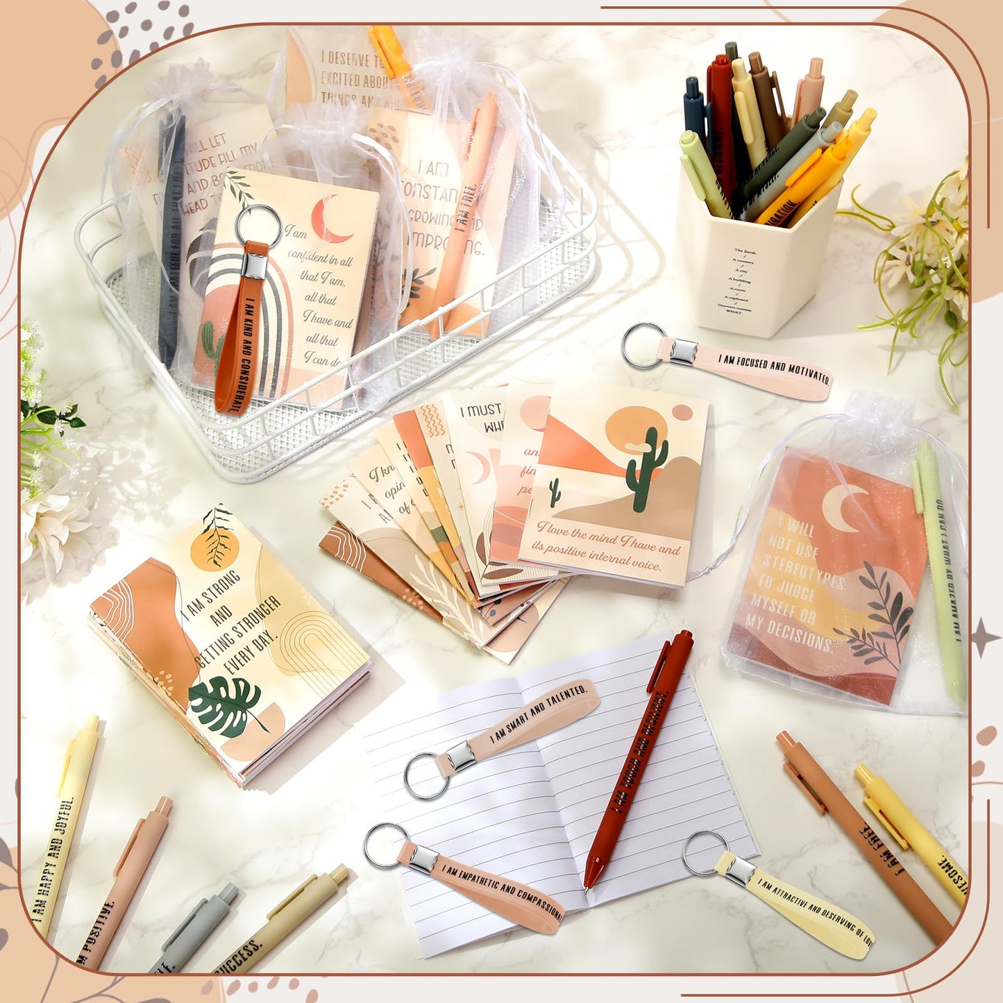 Mooliwe 48 Set Positive Affirmation Gift Set Gratitude Notebooks with Pens Keychains Small Bags Motivational Party Favors for Adult Women Coworkers Employee Group (Boho)