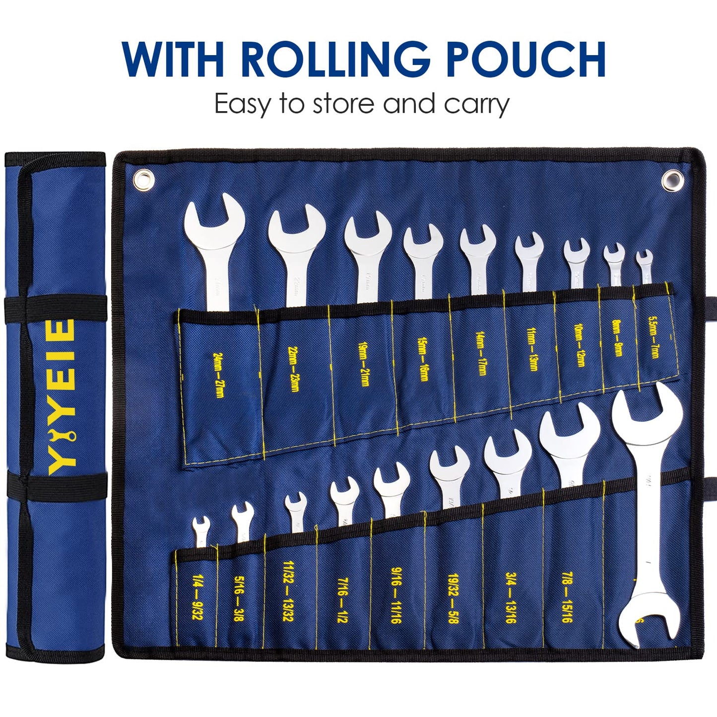 YIYEIE 18pcs Super-Thin Open End Wrench Set, Metric & SAE, 5.5mm to 27mm, 1/4" to 1-1/16", CR-V Steel with Mirror Finish, Ultra-Slim Wrench Set with Rolling Pouch