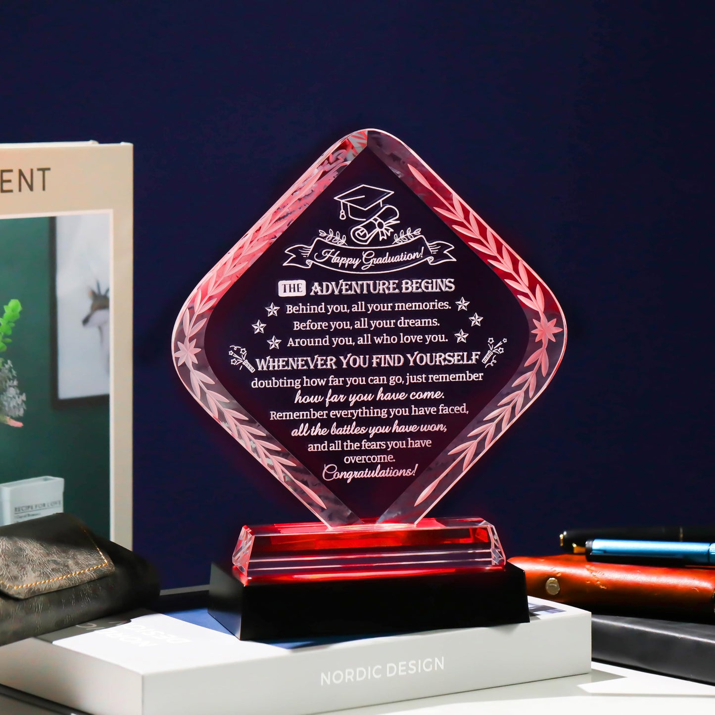 Movdyka Graduation Gifts for Women Men Crystal Plaque Keepsakes, Class of 2026 Graduation Gifts for Her Him Female High School College Masters Degree Phd Decor (Rhombus with Light Base)