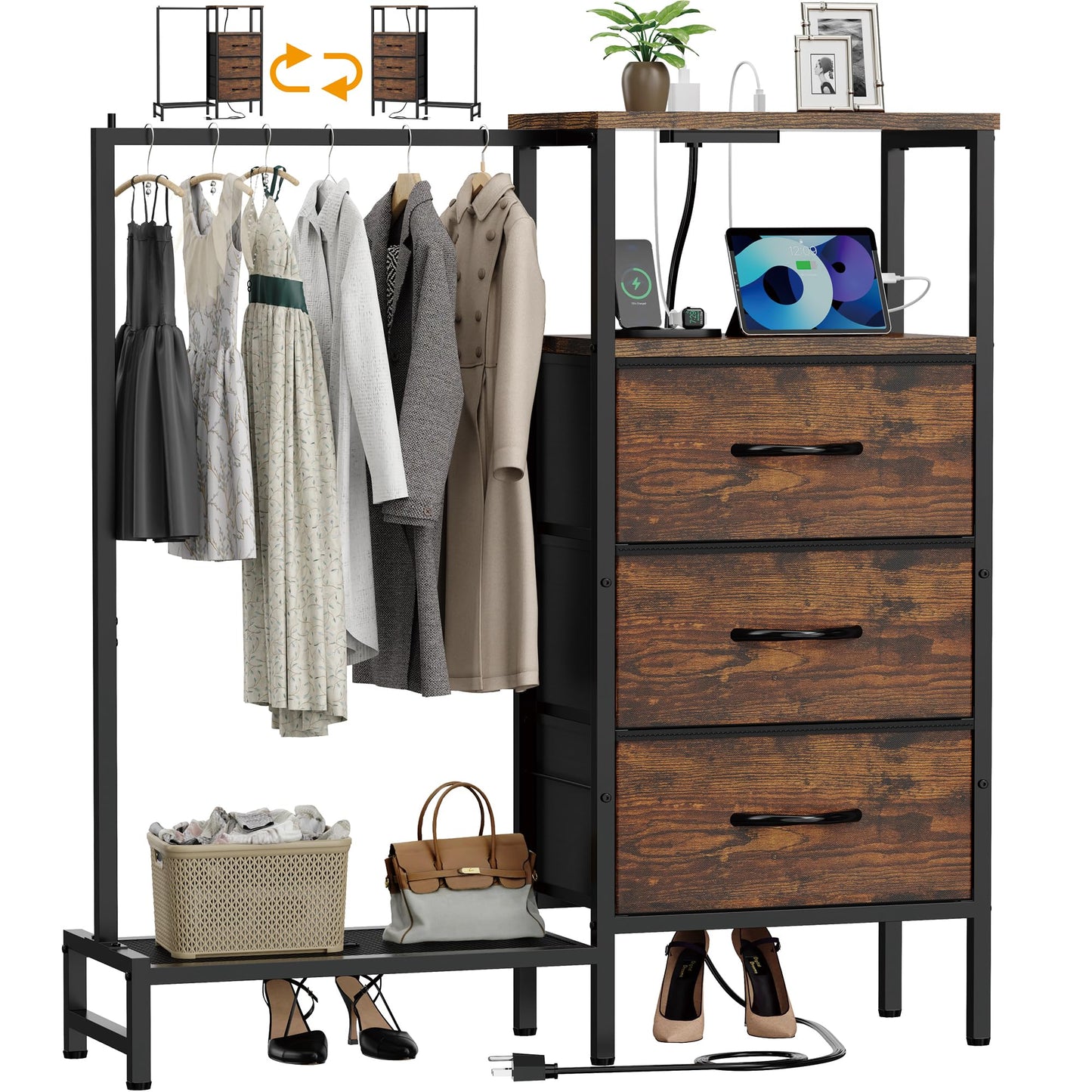 ZHNSYDN Dresser for Bedroom with Hanging Rack, 3 Drawers Closet with Charging Station, Fabric Chest of Drawers with Clothes Rack, Storage Organzier for Hallway Entryway, Brown