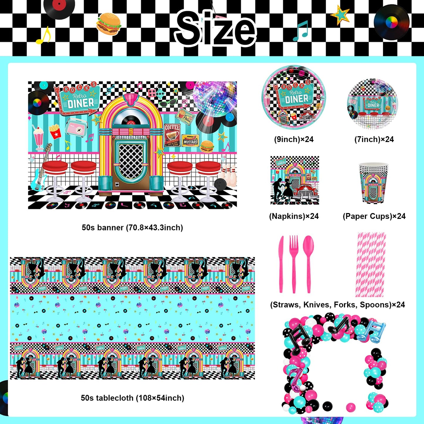 Lecheme 50s Party Decorations 280 PCS 50s Theme Party Decorations Sock Hop Backdrop Disco Balloons 50s Plates Napkins Cups Tablecloth Music Party Supplies Photo Booth Props