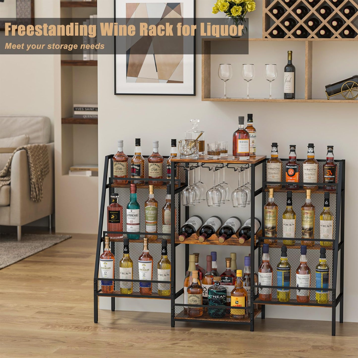 Hayexiha 6-Tier (Safe Height for Kids & Pets) Freestanding Wine Rack with Glass Holders & Fences, Large Bar Cabinet for Home, Liquor Stand for Wine Bottles, Christmas & Holiday Party Wine Shelf