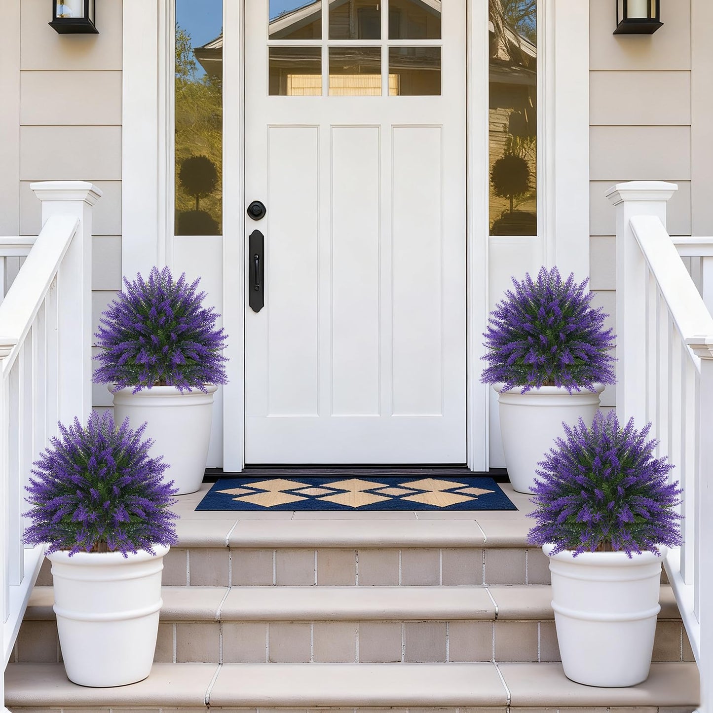 EverNature Artificial Lavender Topiary for Outdoors 2 Set of 16'' UV Resistant Evergreen Fake Shrubs Bushes with Ground Spike Topiary Ball Faux Plants for Outdoor Indoor Front Porch Garden