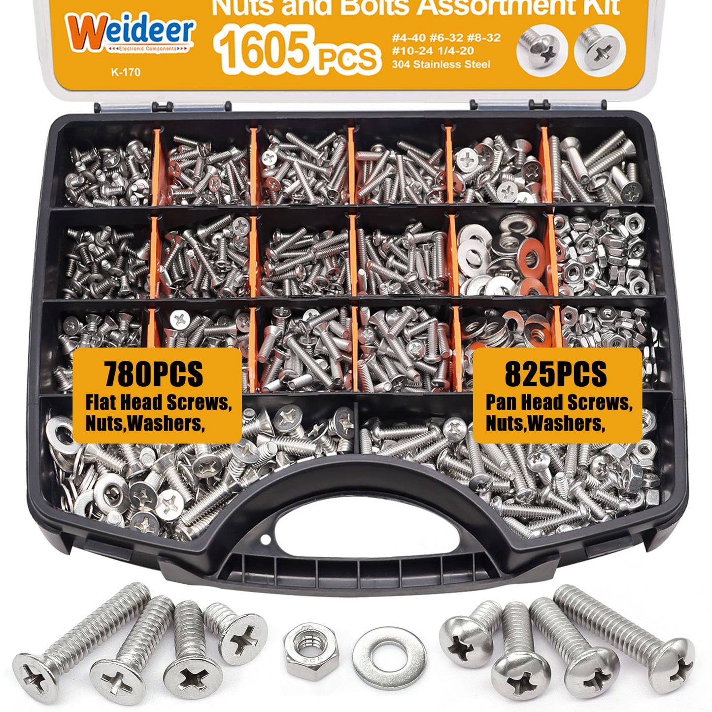 weideer 1605PCS Nuts and Bolts Assortment Kit, Stainless Steel Machine Screws,Phillips Pan Head and Flat Head Screws, Assorted with Nuts, Bolts,Washers,Portable Hand Box #4-40#6-32#8-32#10-24#1/4-20