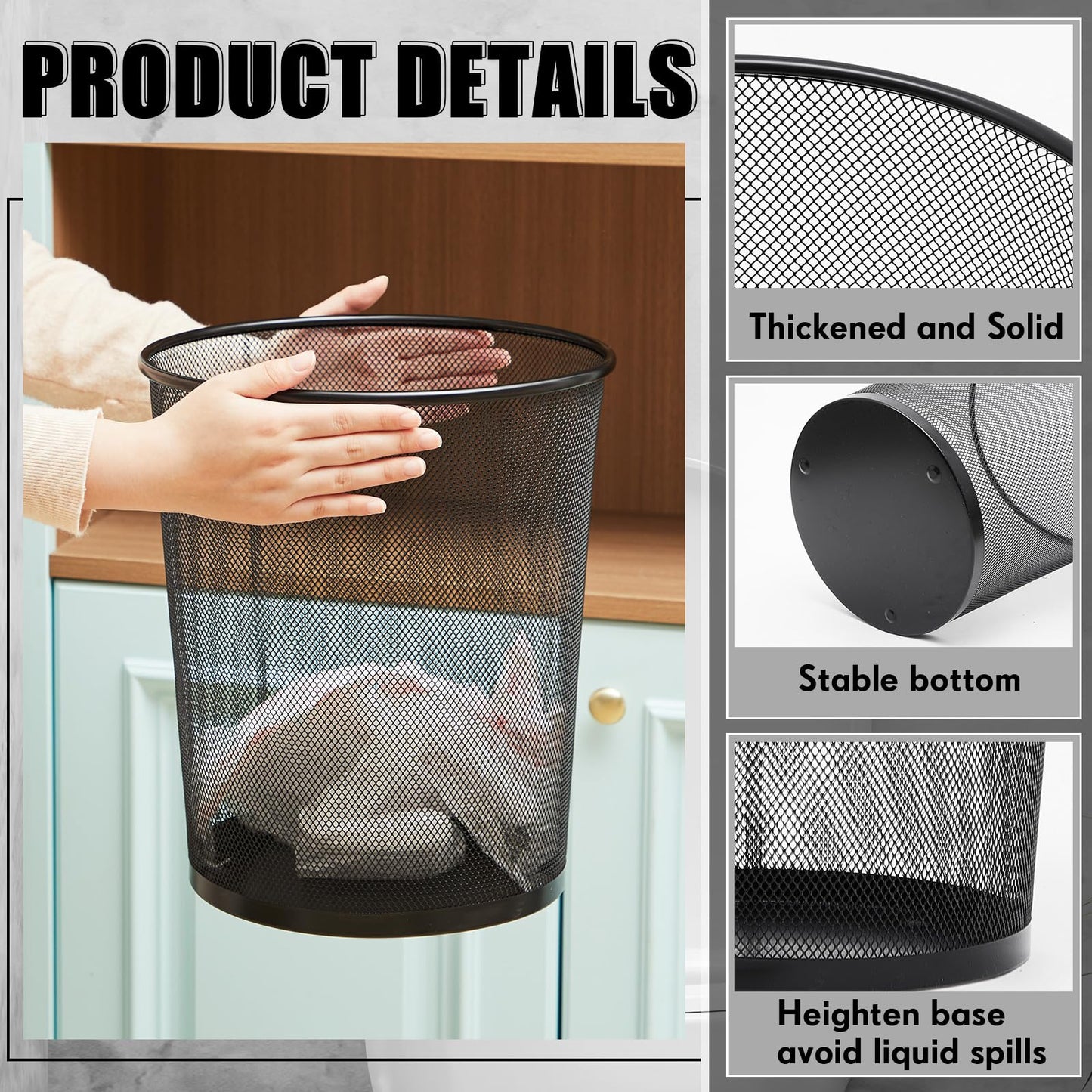 Zeyune 6 Pack Black Office Trash Can Bulk Mesh Trash Can 6 Gallon Metal Wire Mesh Waste Paper Basket Round Small Garbage Bin for Office Bathroom Home Bedroom Kitchen Dorm