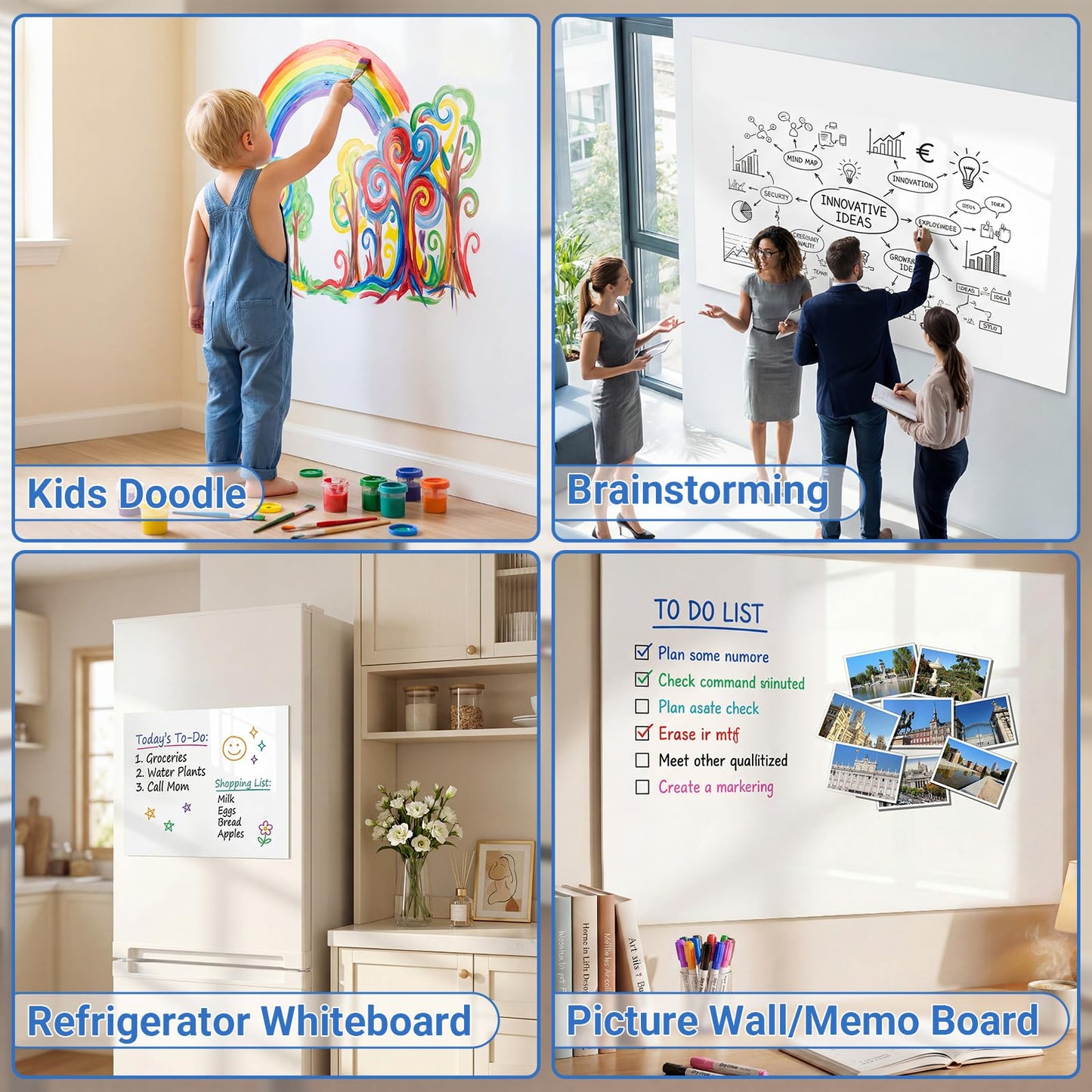 AFMAT White Board Dry Erase Paper, 48" x 36" Whiteboard Wallpaper, with 4 Markers, Stain-Proof & Super Sticky, No Ghost, 4' x 3' Peel and Stick Dry Erase Board Paper Roll for Wall/Home/Office