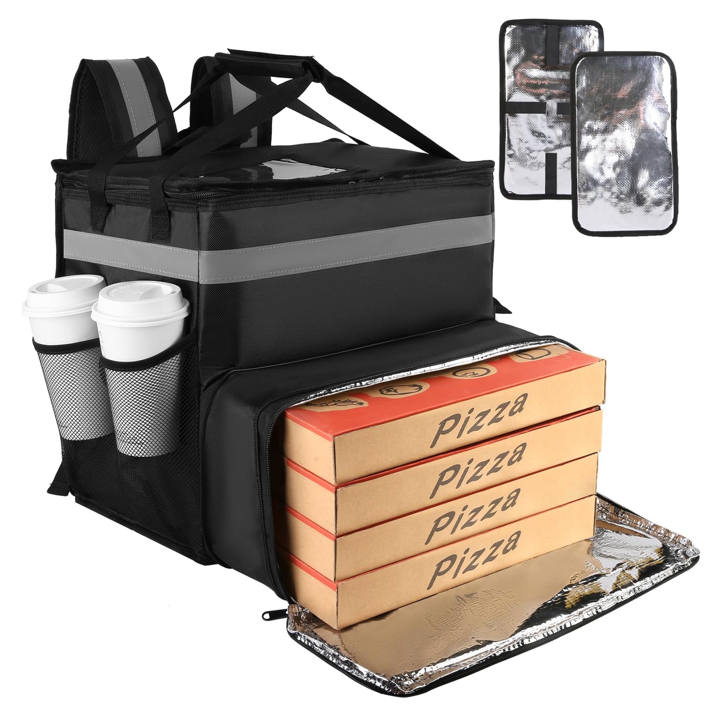 Food Delivery Bag,Large Insulated Backpack for Doordash/Uber Eeats, Expandable Cooler Bags for Bike/Motorcycle with Reflective Strip and Cup Holders,Reusable Pizza Food Delivery Bag with Hand Straps
