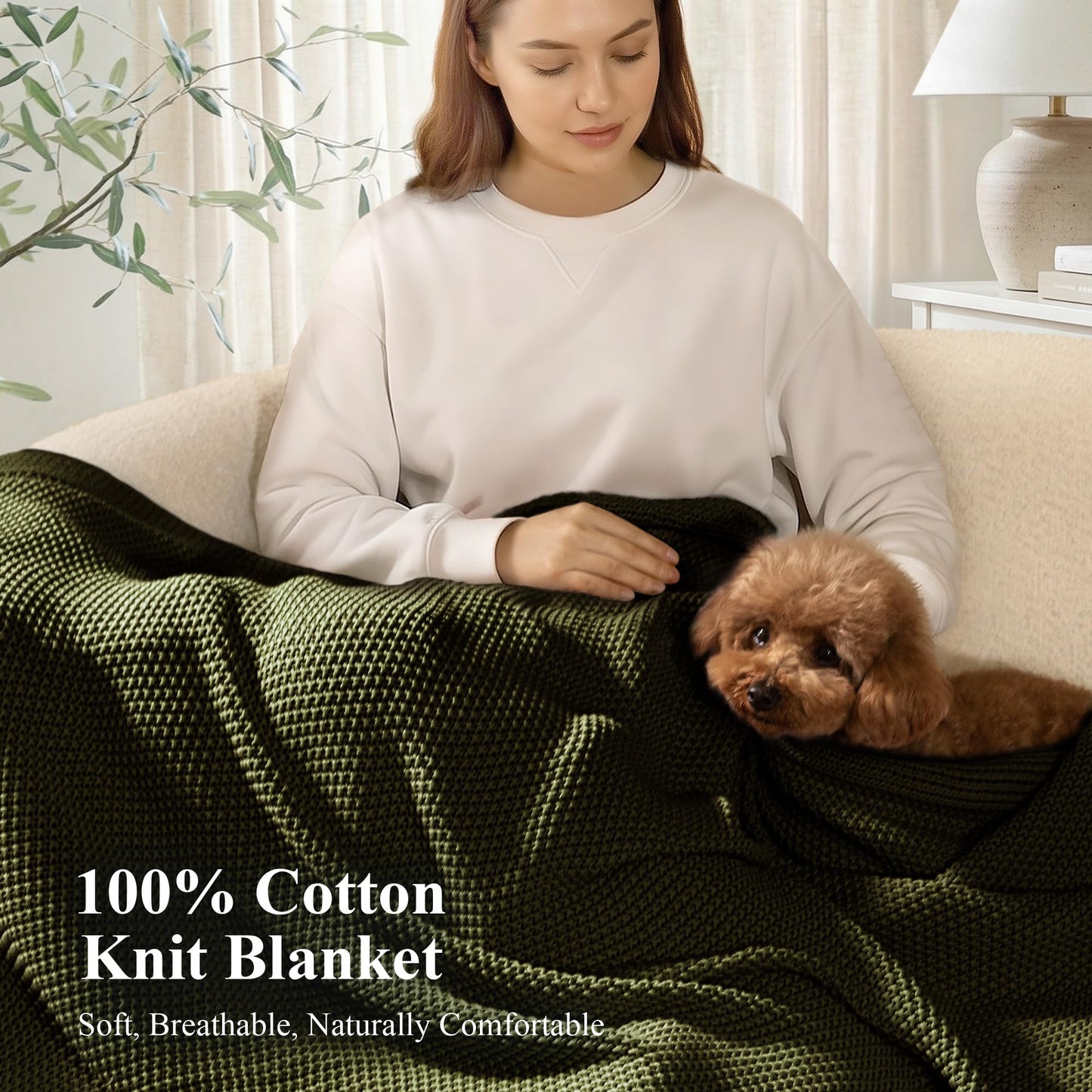 blunique 100% Cotton Cable Knit Throw Blanket, Lightweight Soft Knit Blanket for Sofa Couch Bed, Breathable All-Season Throw, Cozy Decorative Blanket, 50 x 60 Inch,Olive Green