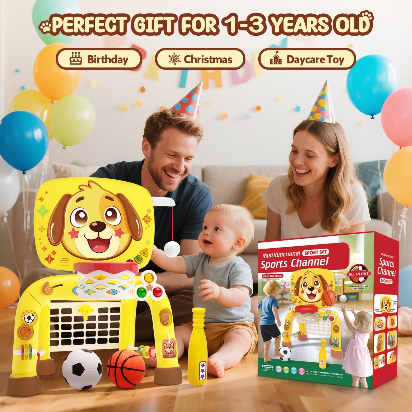 Toys for 1 Year Old Boy - Toddler Basketball Hoop & Soccer Goal & Baseball Activity Center with Light Sound Music, Puppy Montessori Sports Toy, Christmas Birthday Gift for Baby 12-18 Months, Yellow
