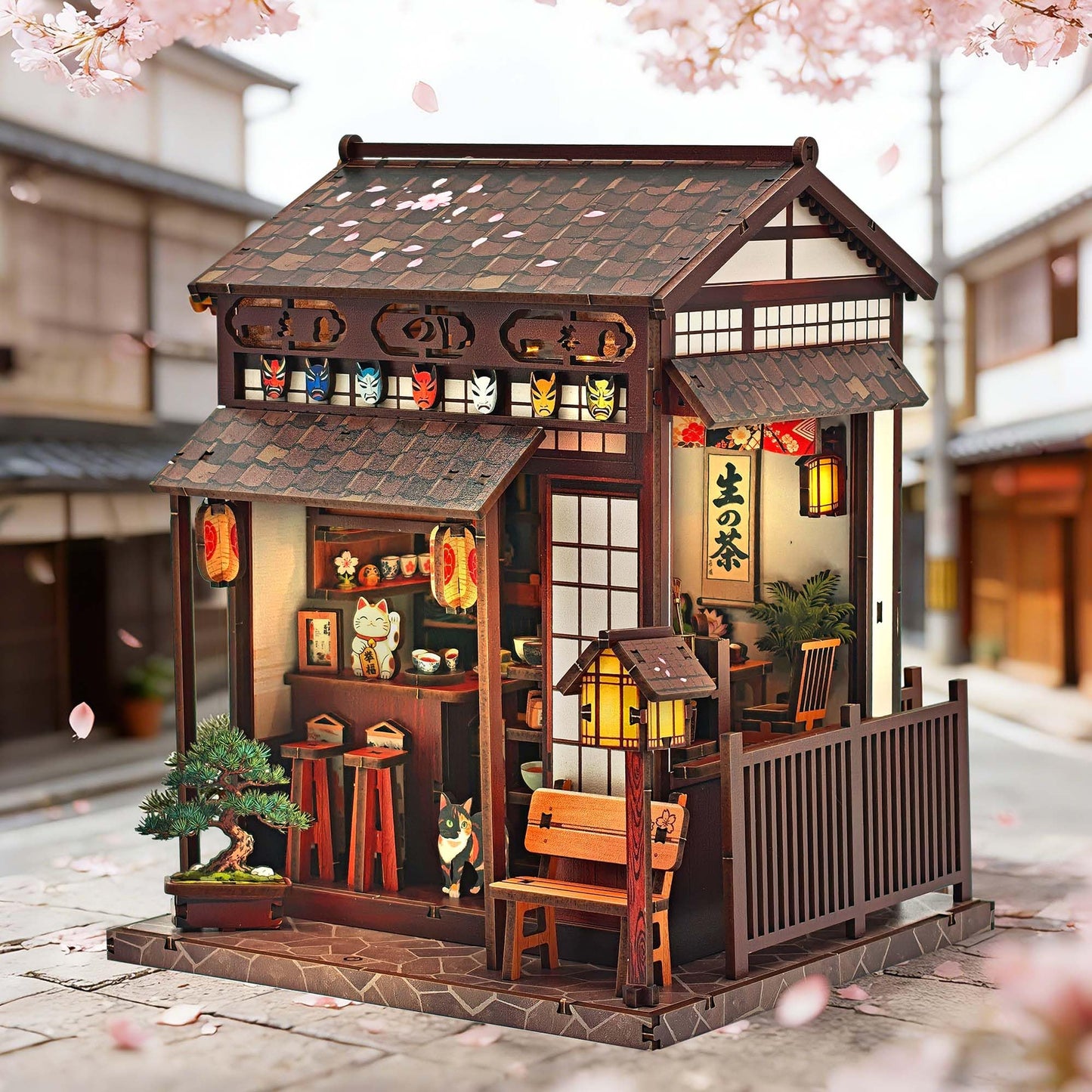 Lynnuo DIY Book Nook Kit, Sakura Tea Pavilion 3D Wooden Puzzle with LED Light, Japanese Miniature House Kit for Adults & Beginners, Bookshelf Insert Decor Creative Gifts (220 PCS, 3-Hour Build)