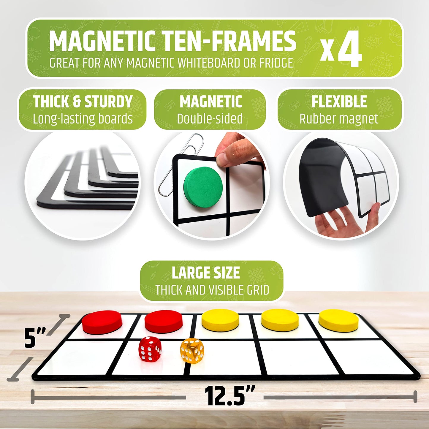 Magnetic Ten Frame Set: 4 Durable Ten-Frames + 50 Colorful Counters + 50 Math Flash Cards + 5 Dice - Addition & Subtraction - Math Manipulatives Kit for Home, Kindergarten & Elementary Teachers