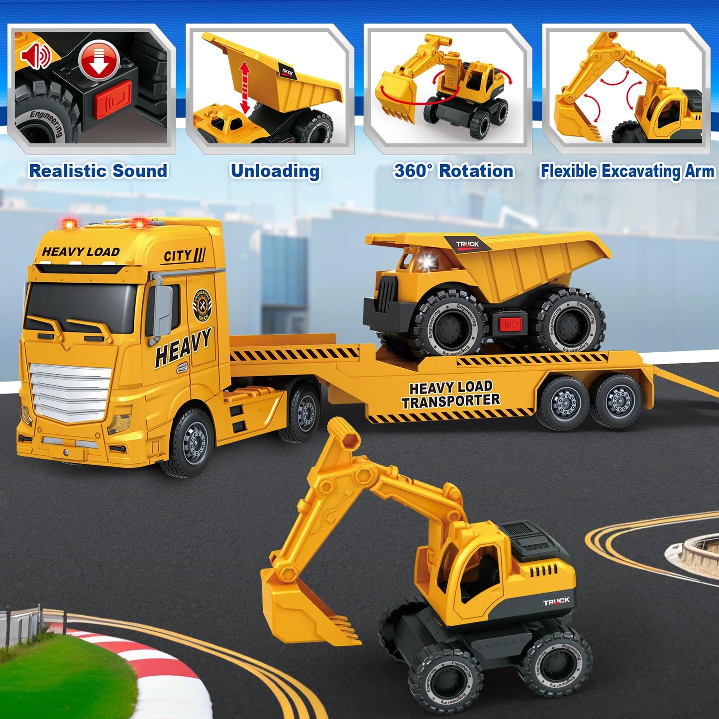 Toddler Boy Toys for 3 4 5 6 7 Years Kids, 25" Semi Construction Carrier Truck Toy with Excavator and Dump Truck, Friction Powered Toys with Lights and Sounds, Birthday for Boy Girls