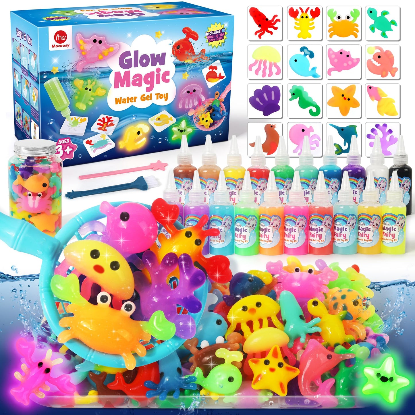 Mocoosy Magic Water Elf Toy Kit for Kids, Glow in The Dark Aqua Fairy Water Gel Kit with 20 Gel & 16 Molds, Make Your Own Squishies, Squishy Maker Waters Pets, DIY Art Crafts, Boys Girls Birthday Gifts
