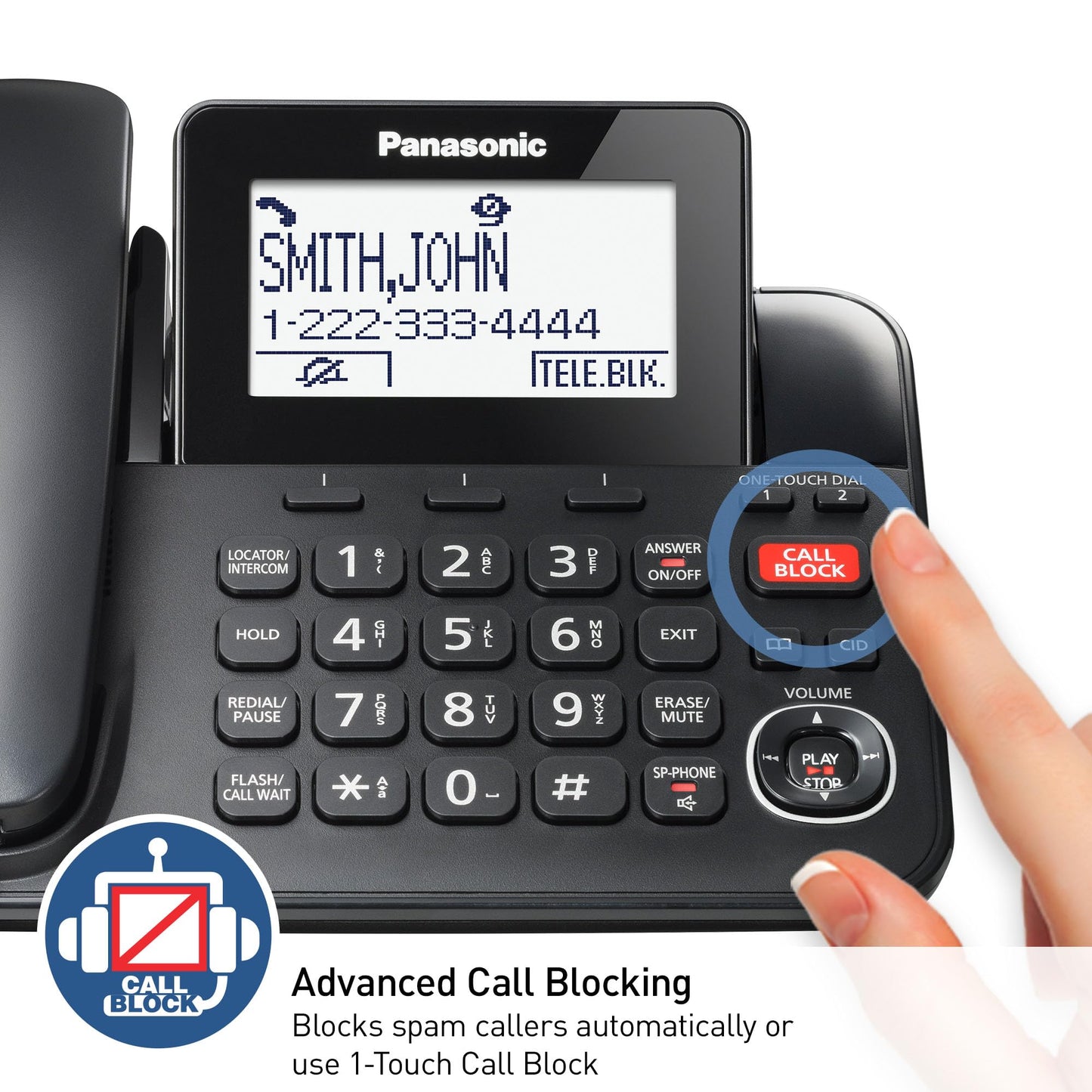Panasonic Corded/Cordless Phone with Advanced Call Block, 2-Way Recording and Digital Answering Machine, 2 Handsets Expandable up to 6 Cordless Handsets - KX-TGF852B (Black)