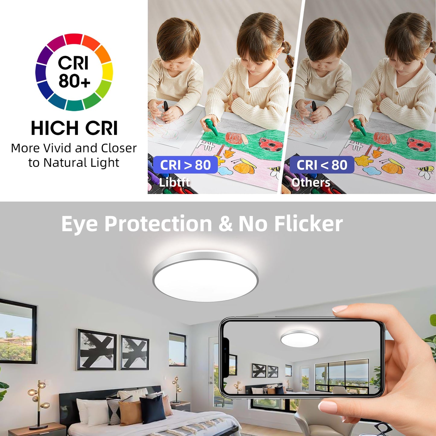 HOREVO LED Bluetooth Ceiling Light with Speaker Remote Control‌ Dimmable RGB Color Changing, Modern Flush Mount for Living Room, Bedroom, Kitchen, Laundry，Silver 16inch