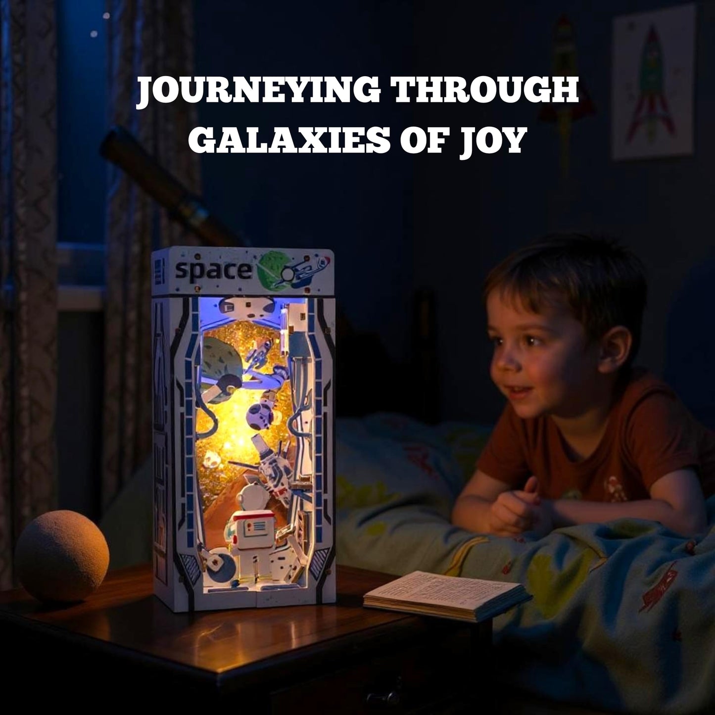 PYAARI Space World Book Nook Kit, Astronaut 90-Piece DIY Miniature LED Doll House, 3D Wooden Puzzle BookNook Kit for Adults, Tiny Home Model Building Kit for Book Lovers & Beginners, Bookshelf Decor