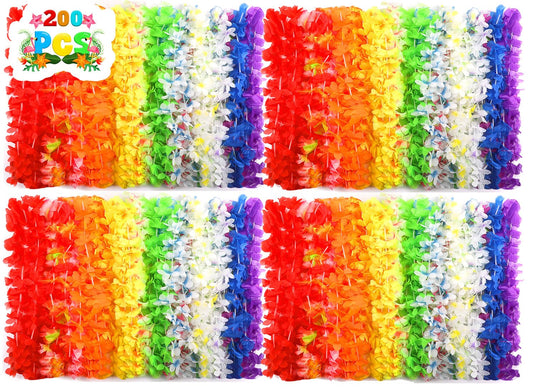 200 PCS Hawaiian Leis Bulk Colorful Tropical Flower Necklace for Luau Party Decorations, Summer Beach Party Favors, Hawaii Theme Birthday Decor, Pool Party Supplies, Hawaiian Garland, Silk Flower Lei