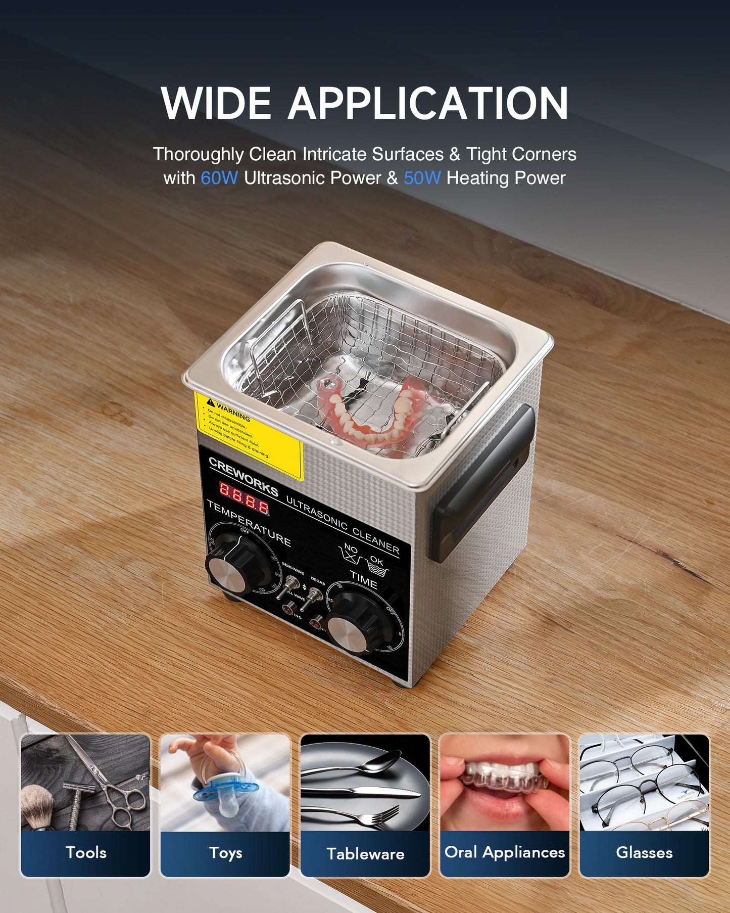 CREWORKS 2L Ultrasonic Cleaner with Degas & Gentle Modes, 60W Stainless Steel Ultrasonic Cleaner Machine with Heater and Timer, Ultrasonic Parts Cleaner with Knob Control for Jewelry Glasses Watch