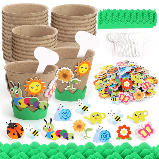 Ayfjovs Garden Paper Pot Craft Kit, 55 Pack Flower Plant Spring Craft for Kids with 200 PCS Adhesive Foam Stickers and 55 PCS Plastic Plant Labels for Kids Craft, Classroom Decor, Mother's Day
