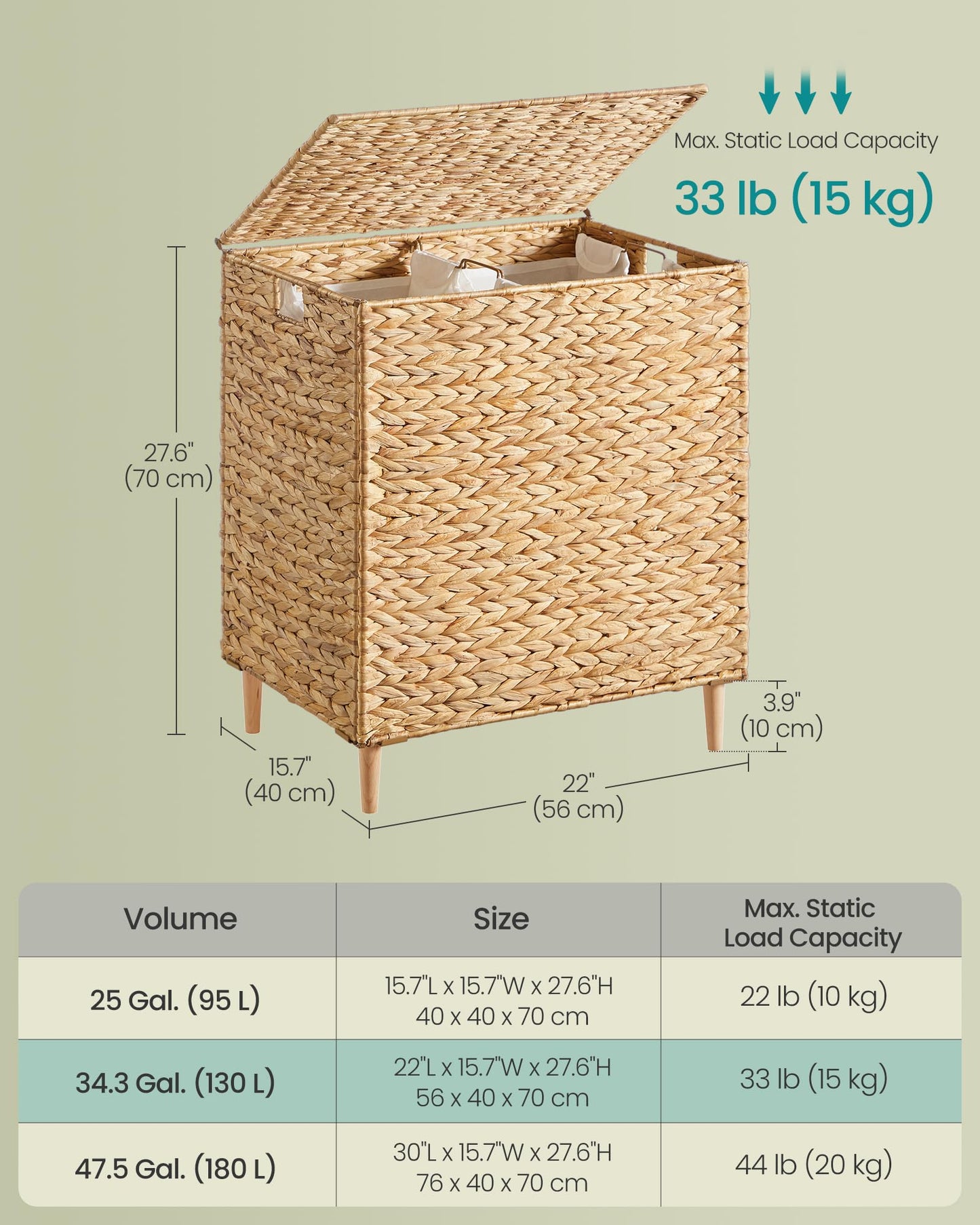 SONGMICS Laundry Hamper 2 Sections, 34.3 Gal. (130 L) Handwoven Water Hyacinth Wicker Laundry Basket with Lid, Natural Material, Removable Machine Washable Liners, Handles, Natural ULCB202Y01