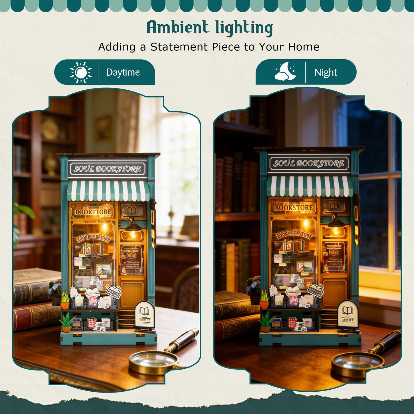 Soothee DIY Book Nook Kit with LED Lights - 3D Puzzles for Adults & Teens, Miniatures and Model Building Kits for Bookshelf Decor, Relaxing Craft & Unique Gift for Craft Lovers (Soul Bookstore)