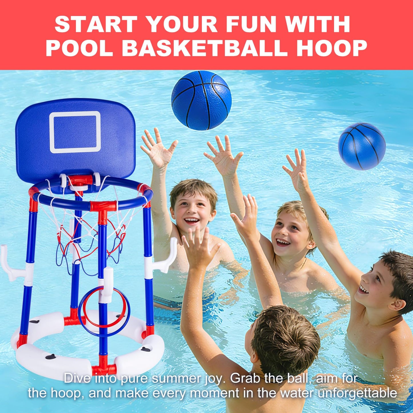 EXCECAR 2-in-1 Floating Pool Basketball Hoop Set,Blue Swimming Pool Basketball Hoop with Backboard,Stable Water Basketball Hoop for Pool Party Fun & Outdoor Family Games