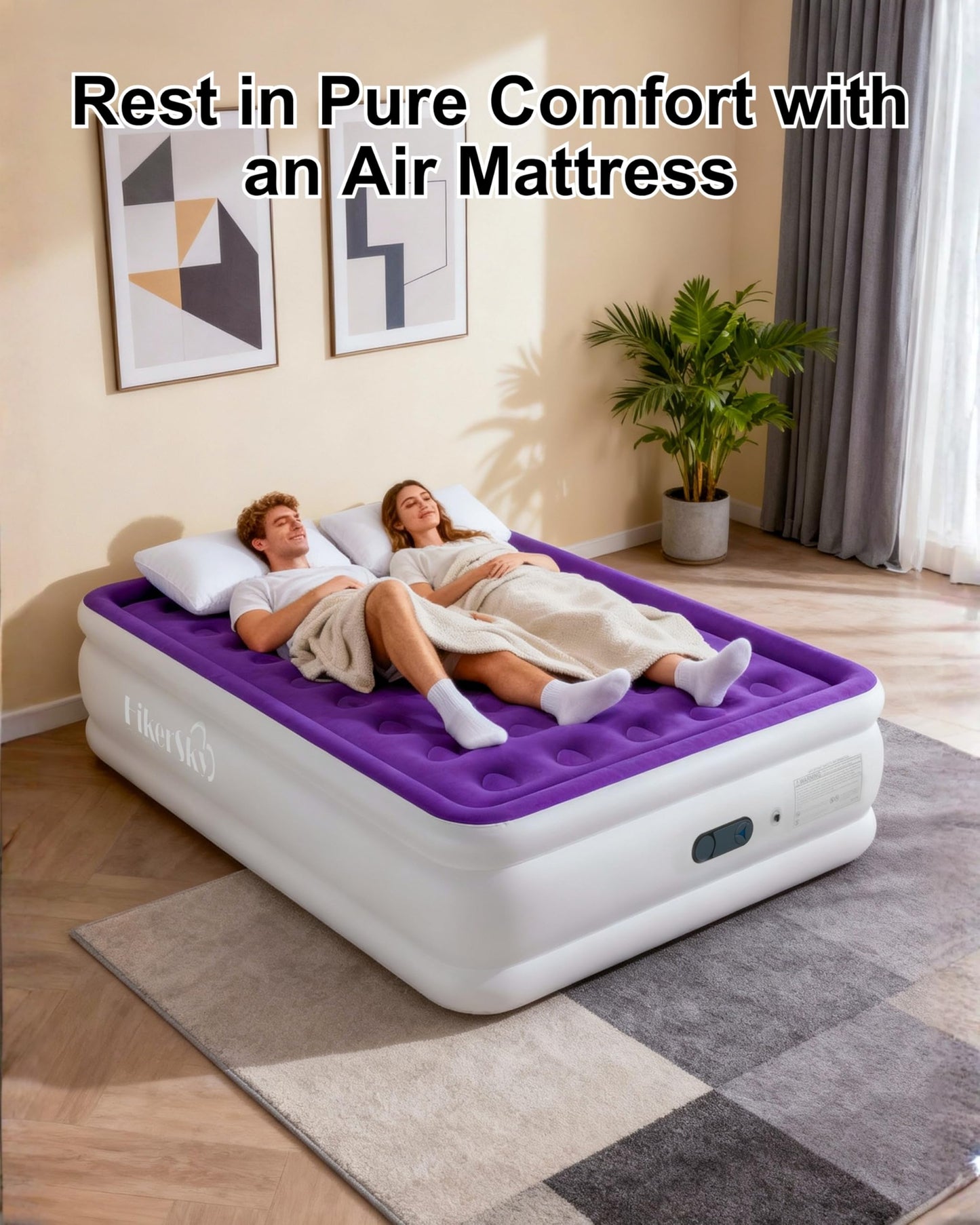 HikerSKY Full Air Mattress with Built in Pump, Inflatable Mattress for Home, Blow up Air Bed 3 Min Quick Inflation and Deflation, Thin Velvet Top, 18'' Full Size Purple