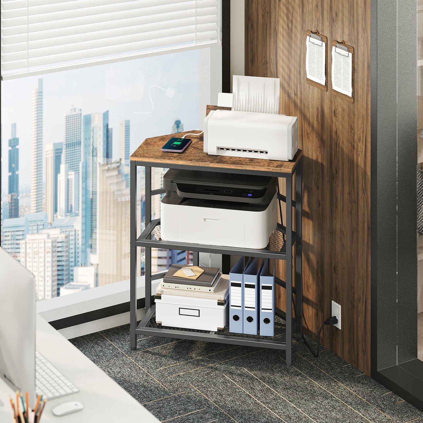 MAHANCRIS Corner Printer Stand with Charging Station, 3-Tier Large Printer Table with Adjustable Feet, Metal Frame Storage Shelf for Office, Living Room, Small Space, Rustic Brown PTHR14E01