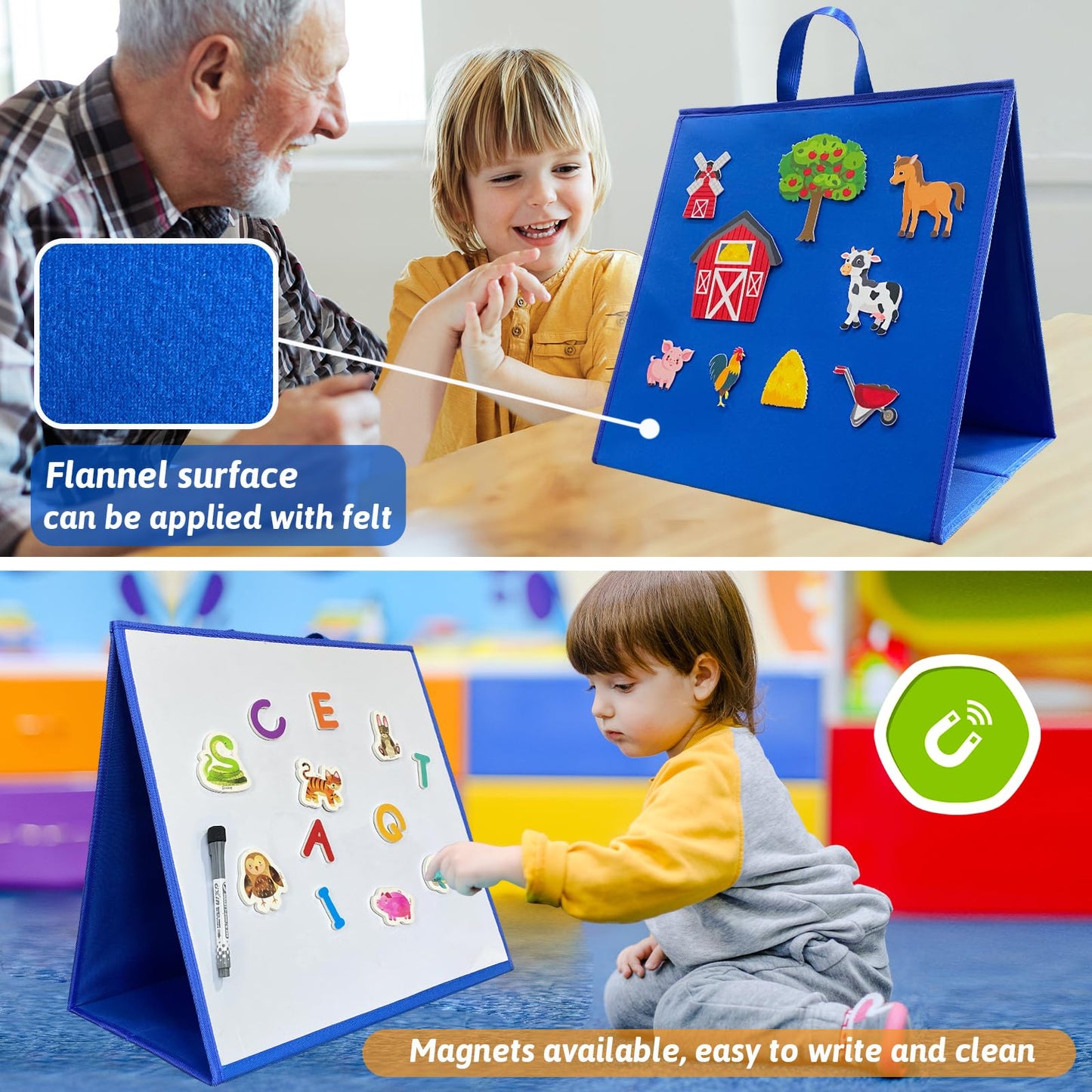 Felt Flannel Board/Dry Erase White Board for Toddlers,17.3 * 17.3in,Double-Sided,Folding,Standing,for Wall,Classroom,Preschool,Kiddie Corner,Interactive,Gifts for Kid