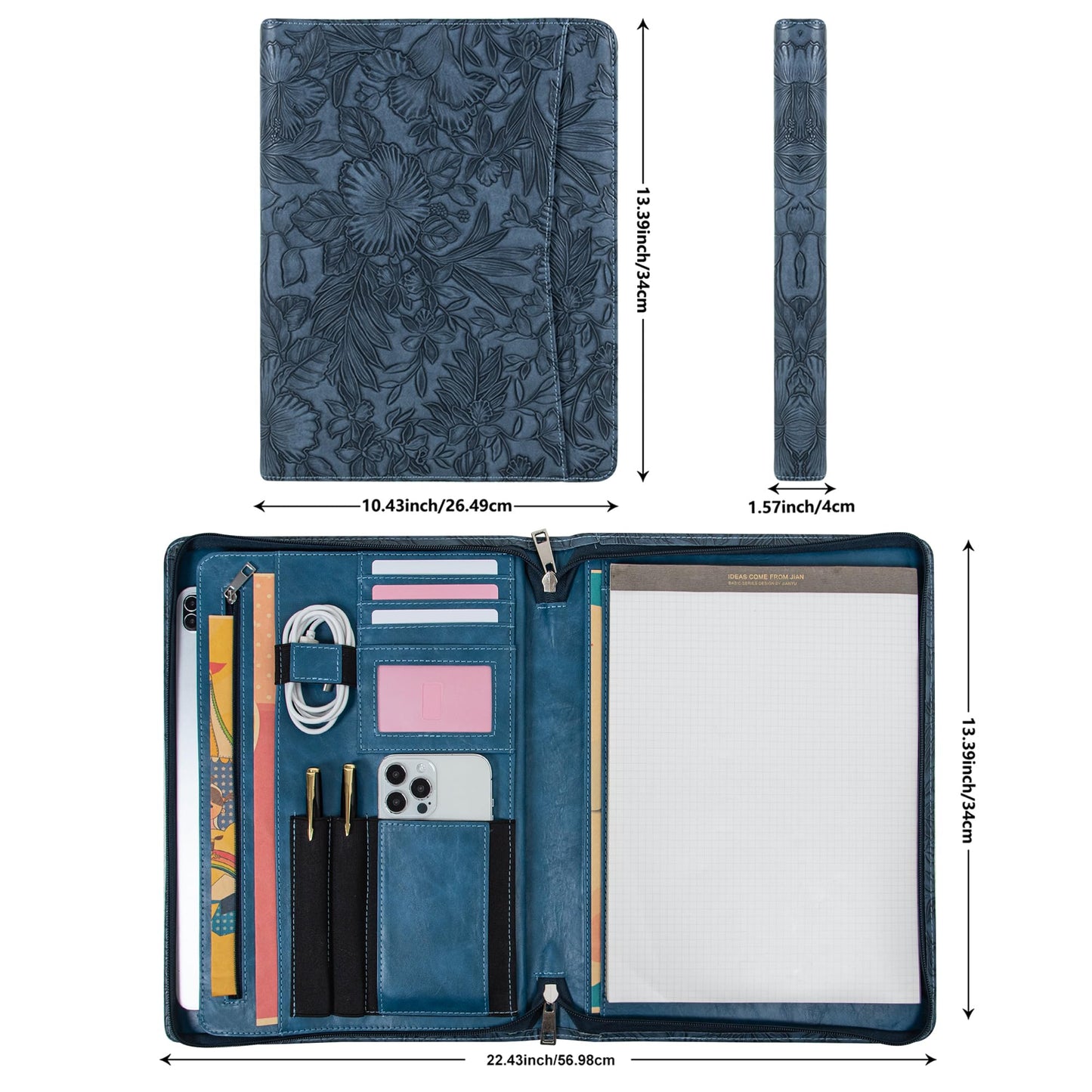 SUCCEWISHER Embossed Vegan Leather Portfolio for Women,Professional Organize Padfolio with A4 Notepad Holder,Professional Business Document Organizer for Women (Blue)