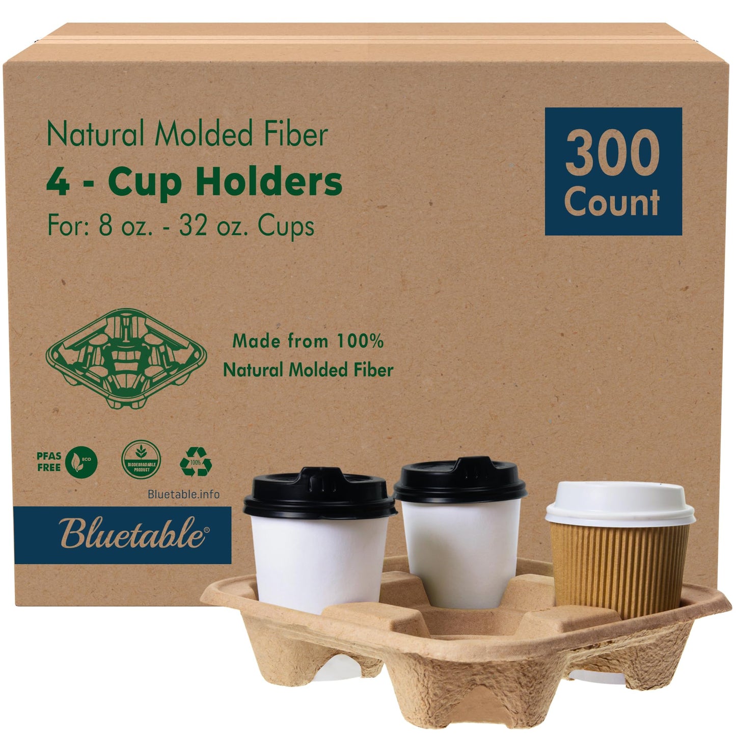 Bluetable 4 Cup 8 oz. - 32 oz. (300 Pack) For Disposable Cups, Delivery Carrier- To Go - Coffee Drinks or Iced Drink Holder Molded Fiber [300 Case Pack]